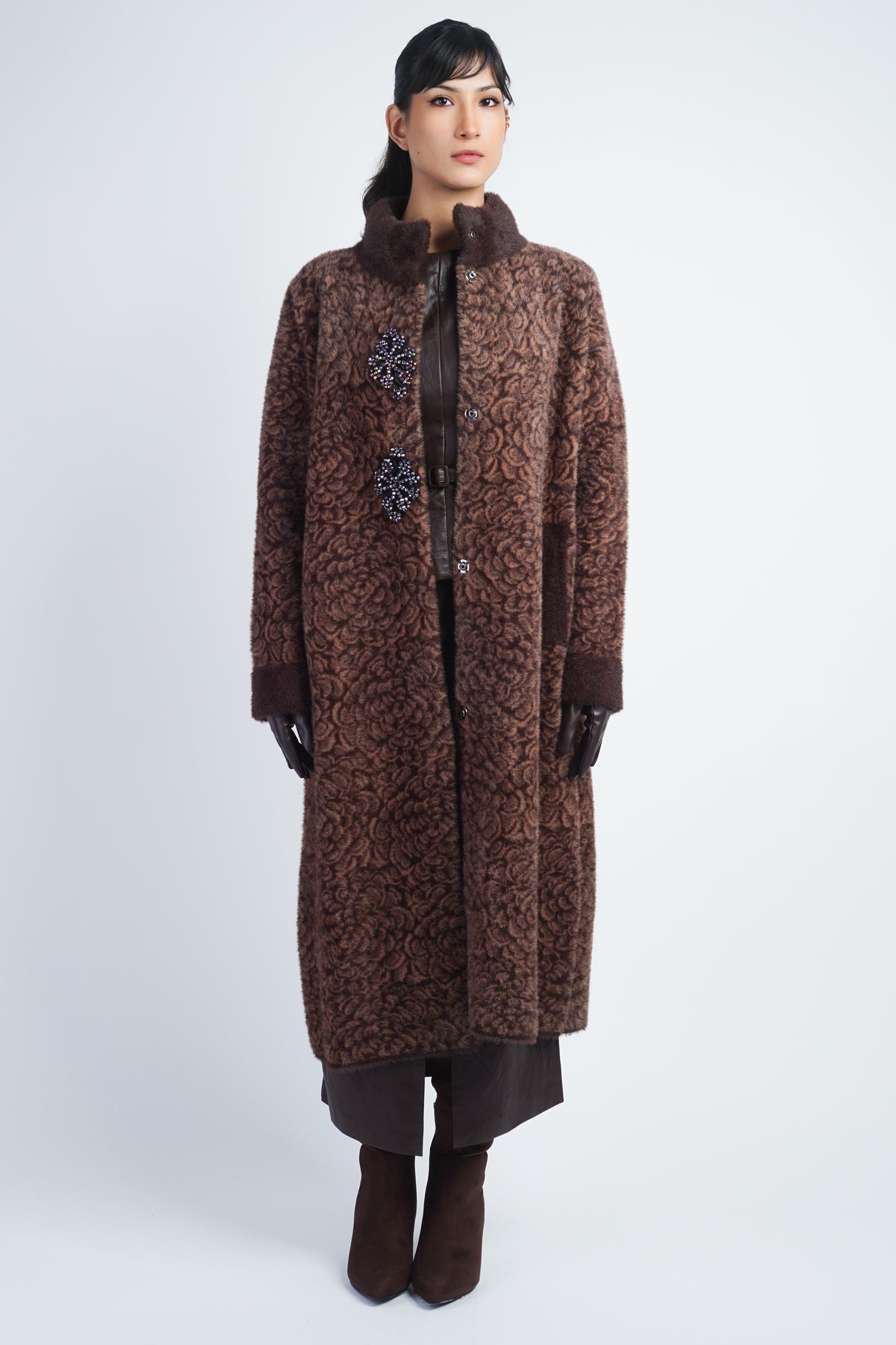Coffee Textured Floral Bouclé Embellished Longline Coat