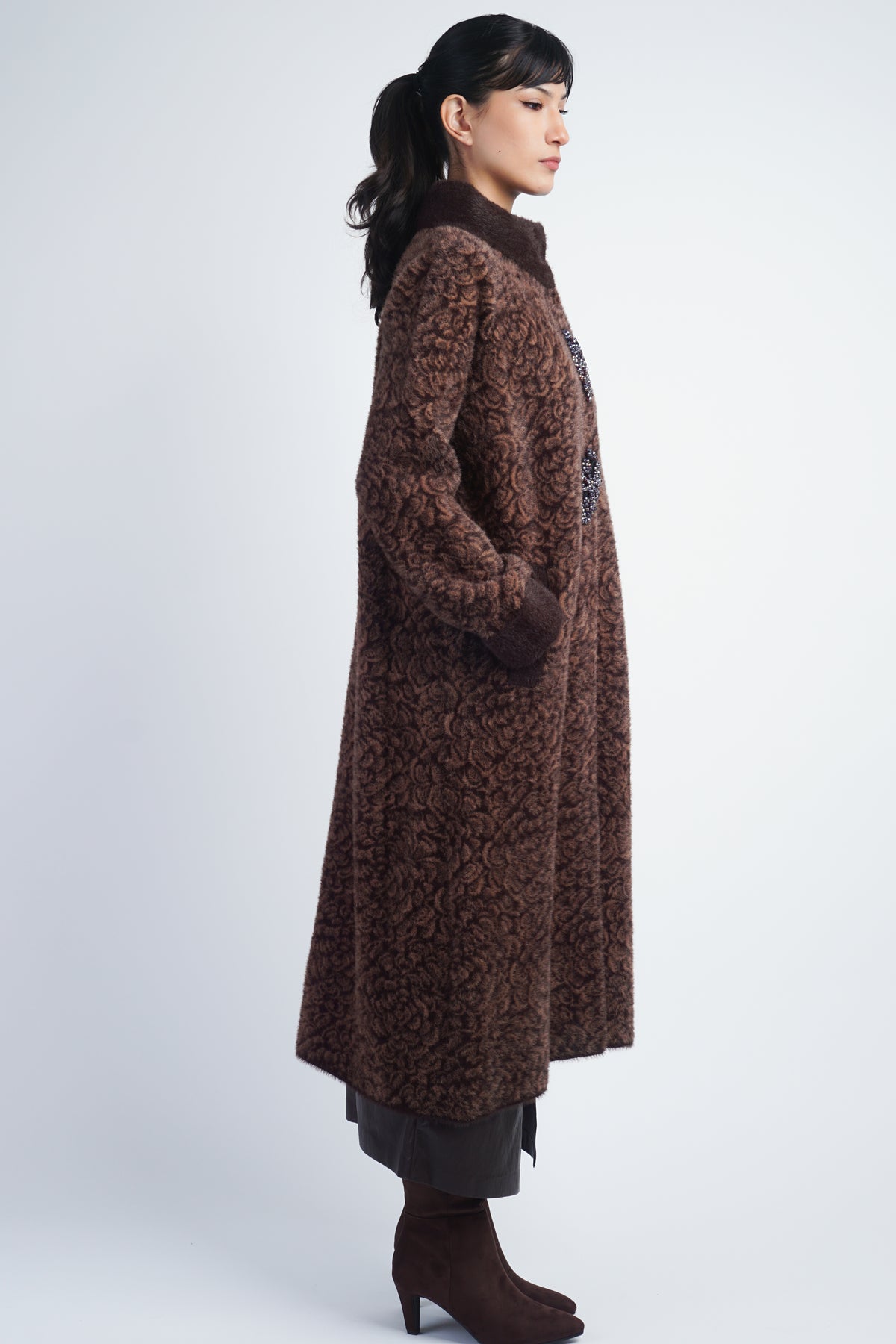 Coffee Textured Floral Bouclé Embellished Longline Coat
