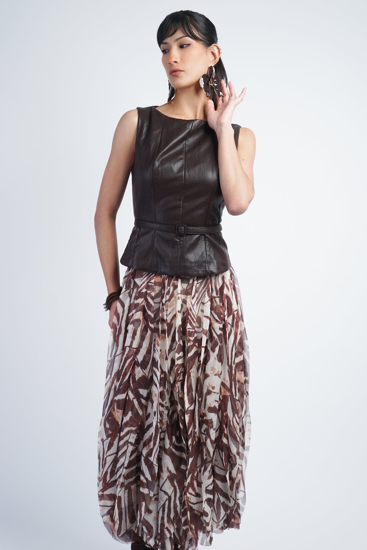 Petal Layer Skirt Ivory/Brown Print
