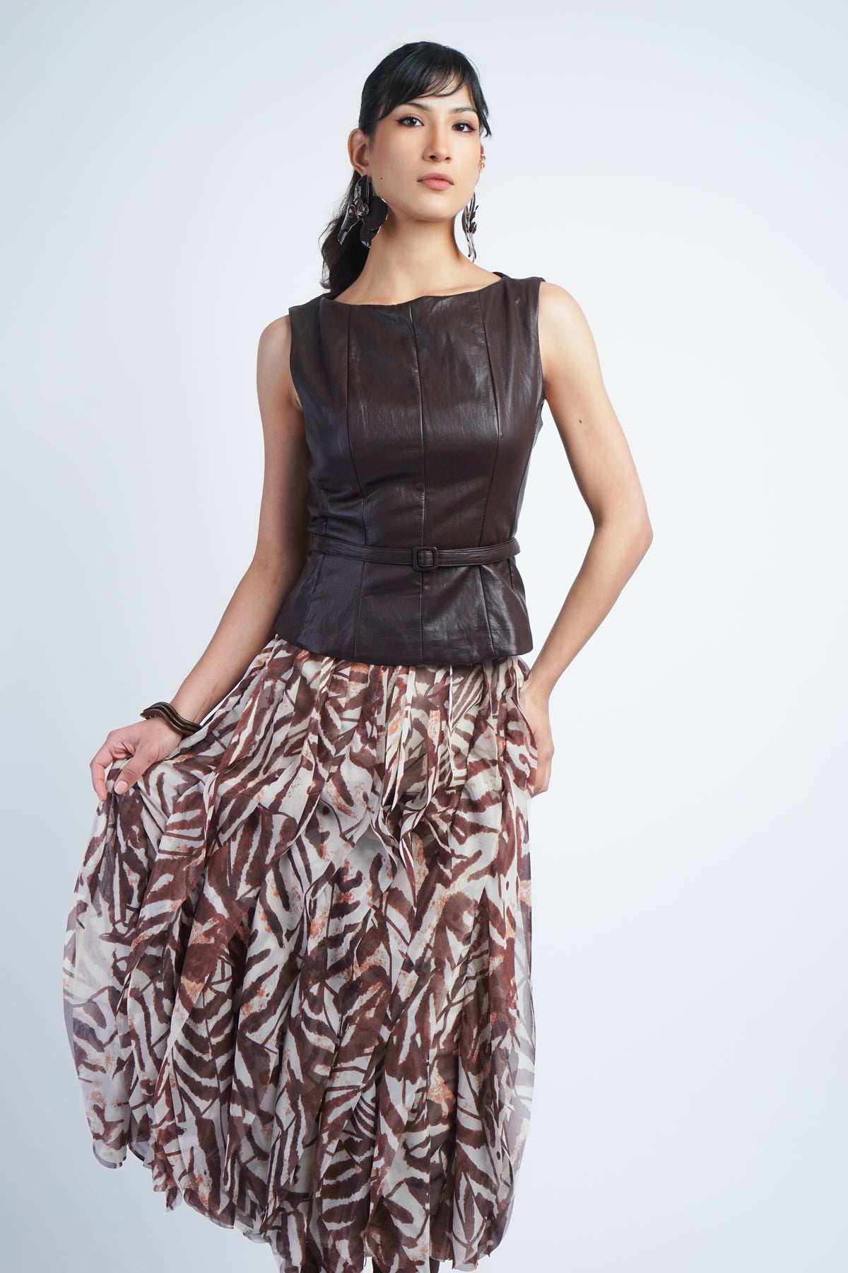 Petal Layer Skirt Ivory/Brown Print
