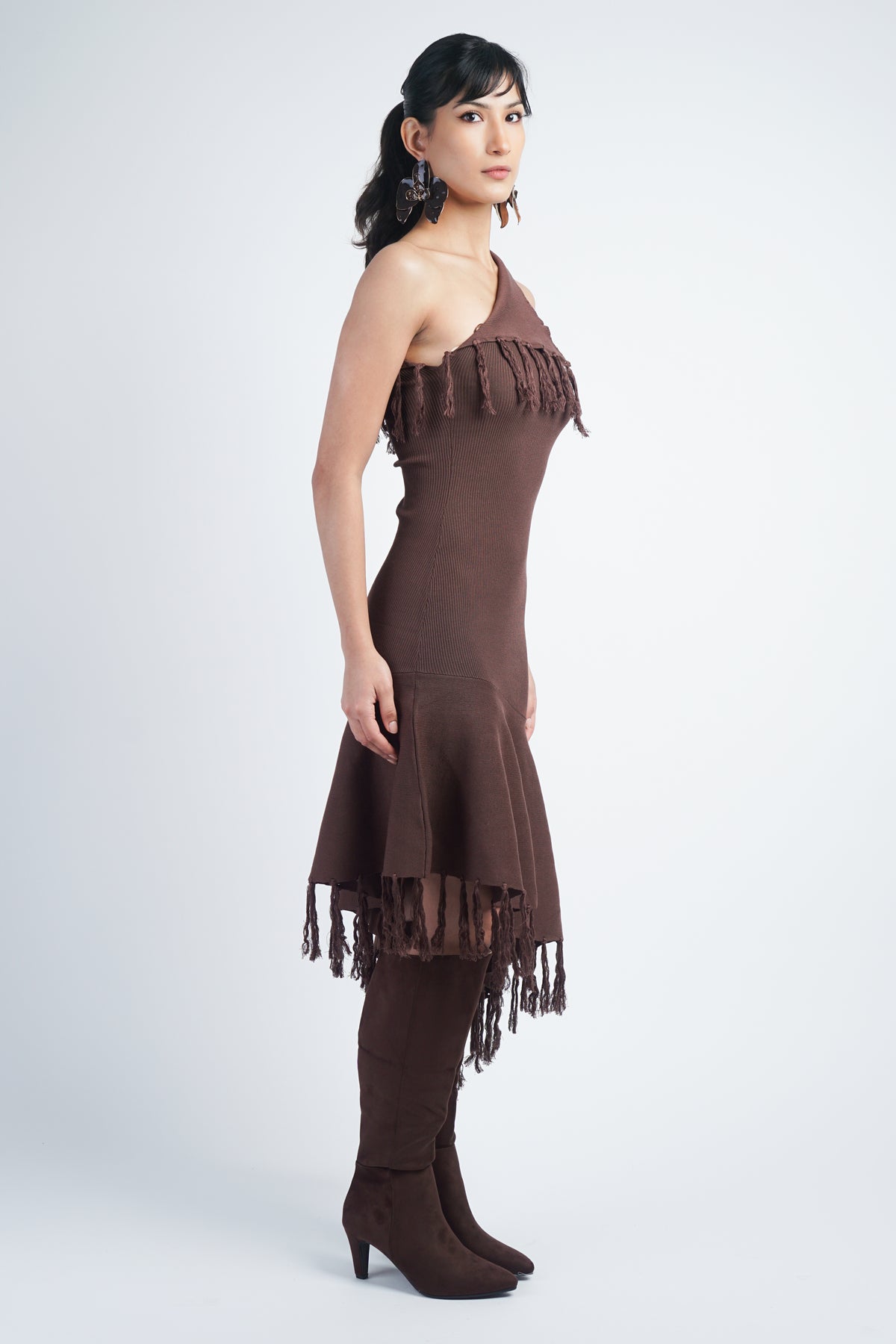 Brown One Shoulder Knit Dress