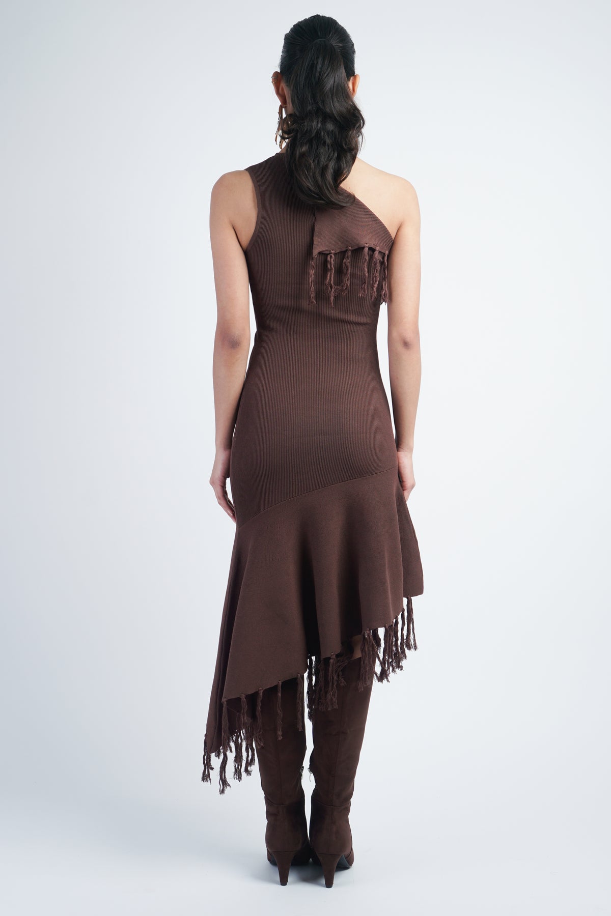 Brown One Shoulder Knit Dress