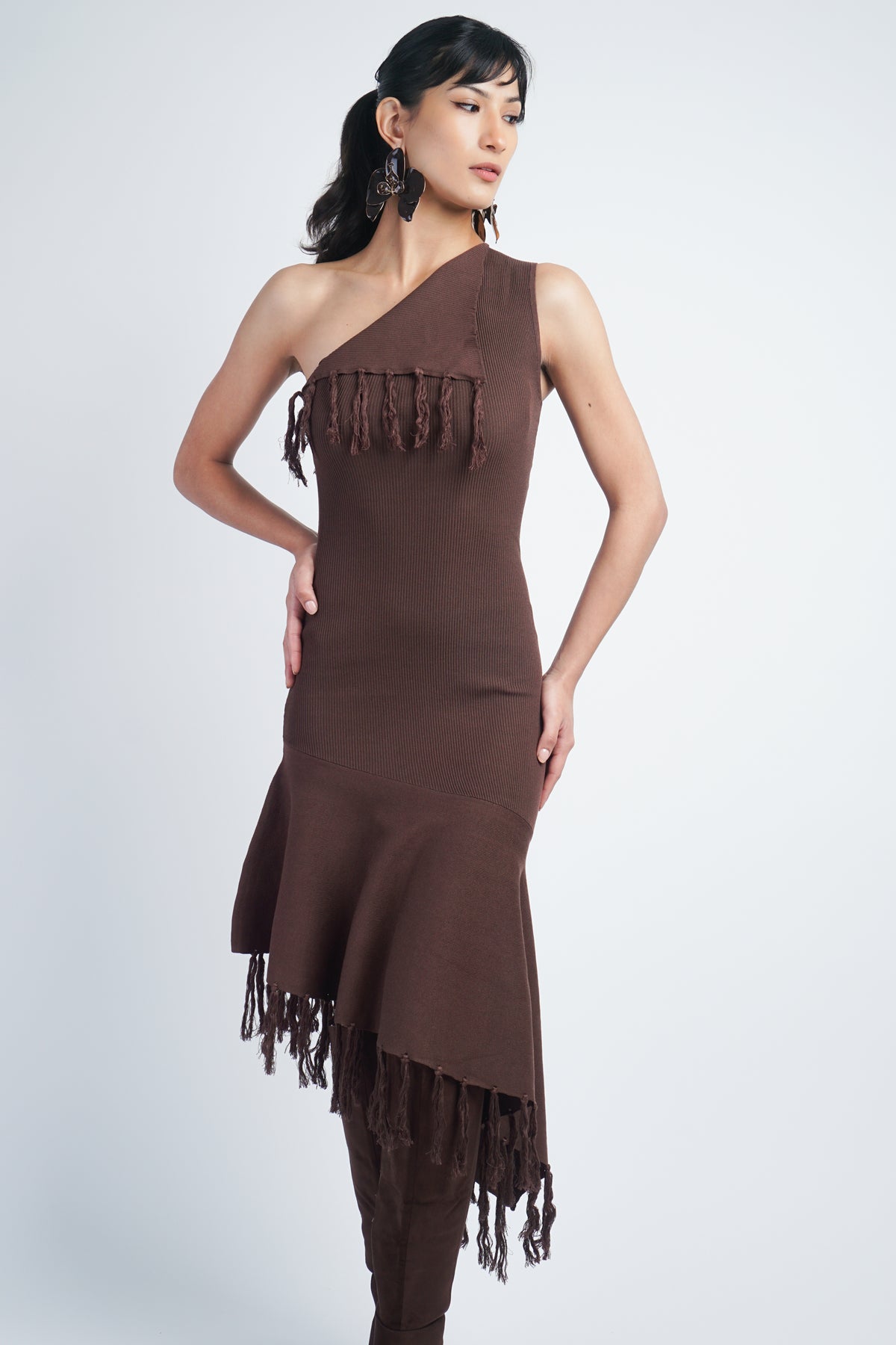 Brown One Shoulder Knit Dress