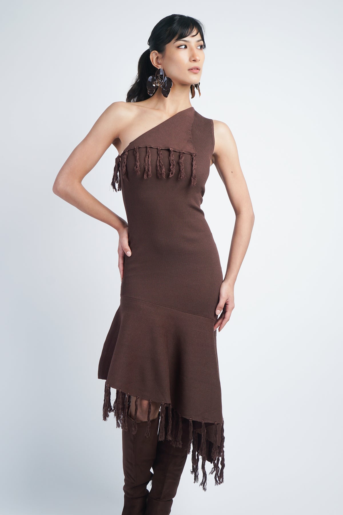 Brown One Shoulder Knit Dress