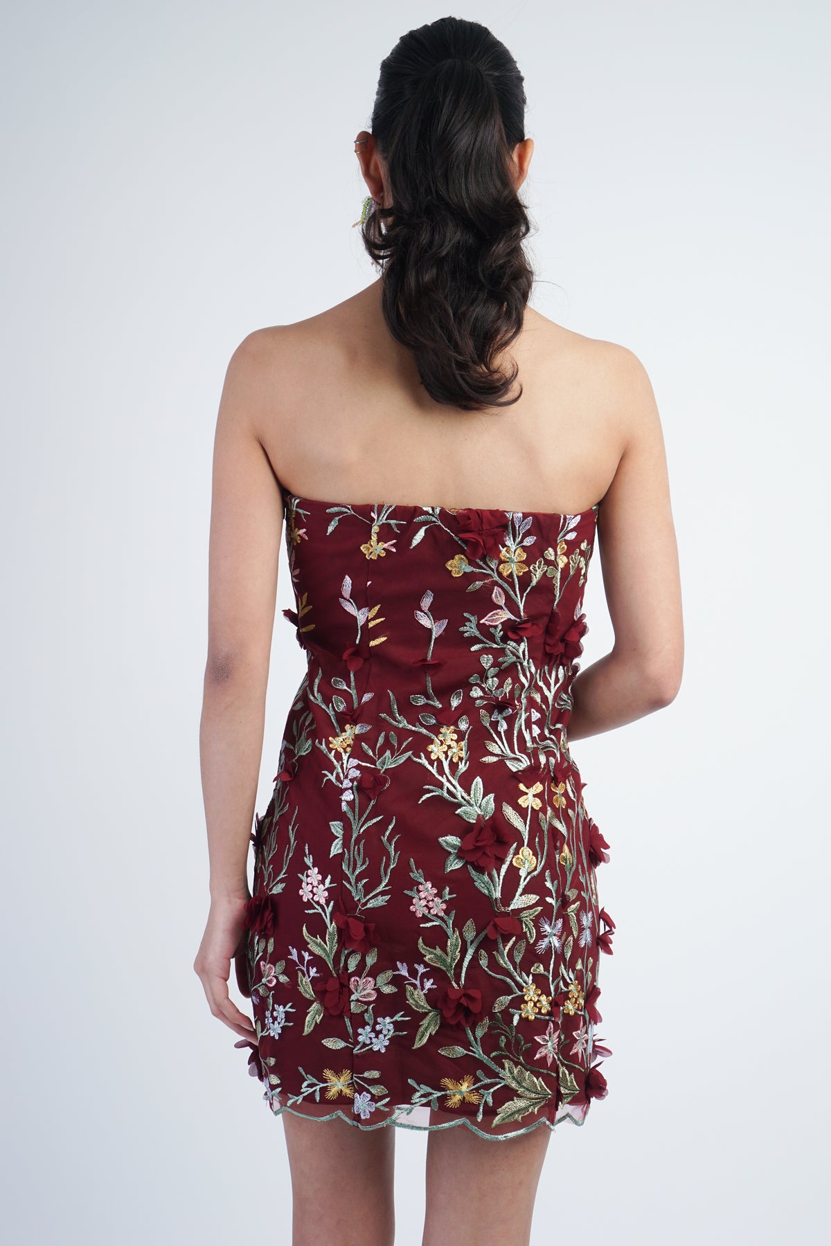 Burgundy Multi Strapless 3D Floral Mini Dress