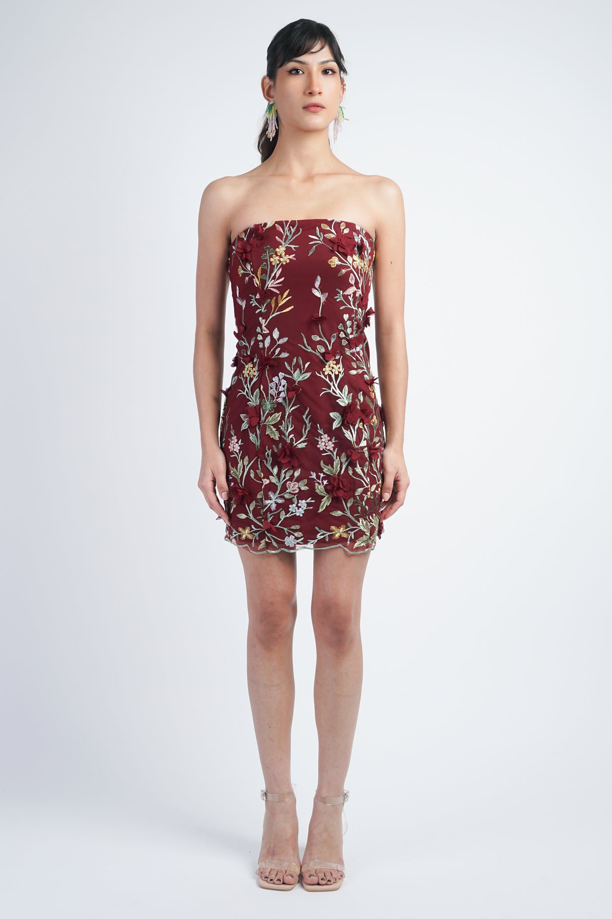 Burgundy Multi Strapless 3D Floral Mini Dress
