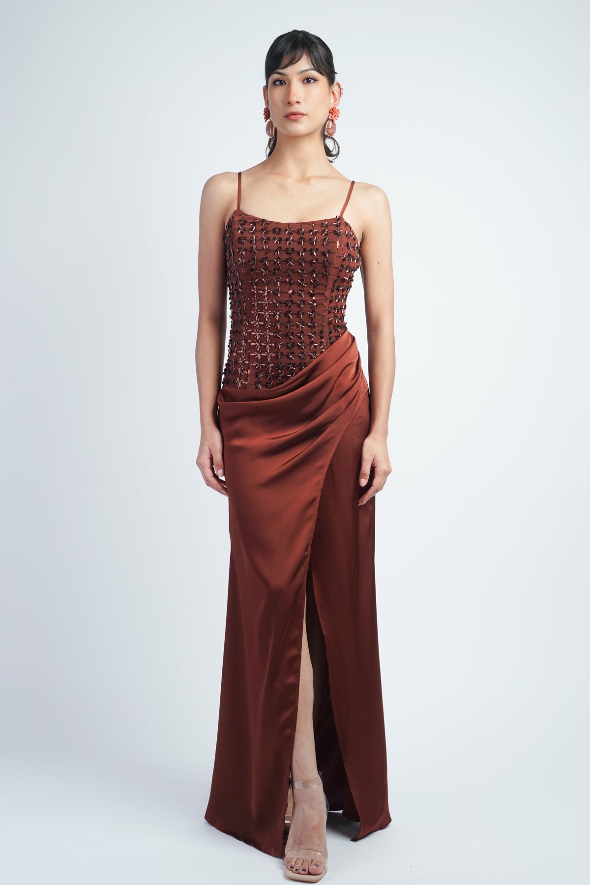 Brown Sequin Appliqué Mesh Gown