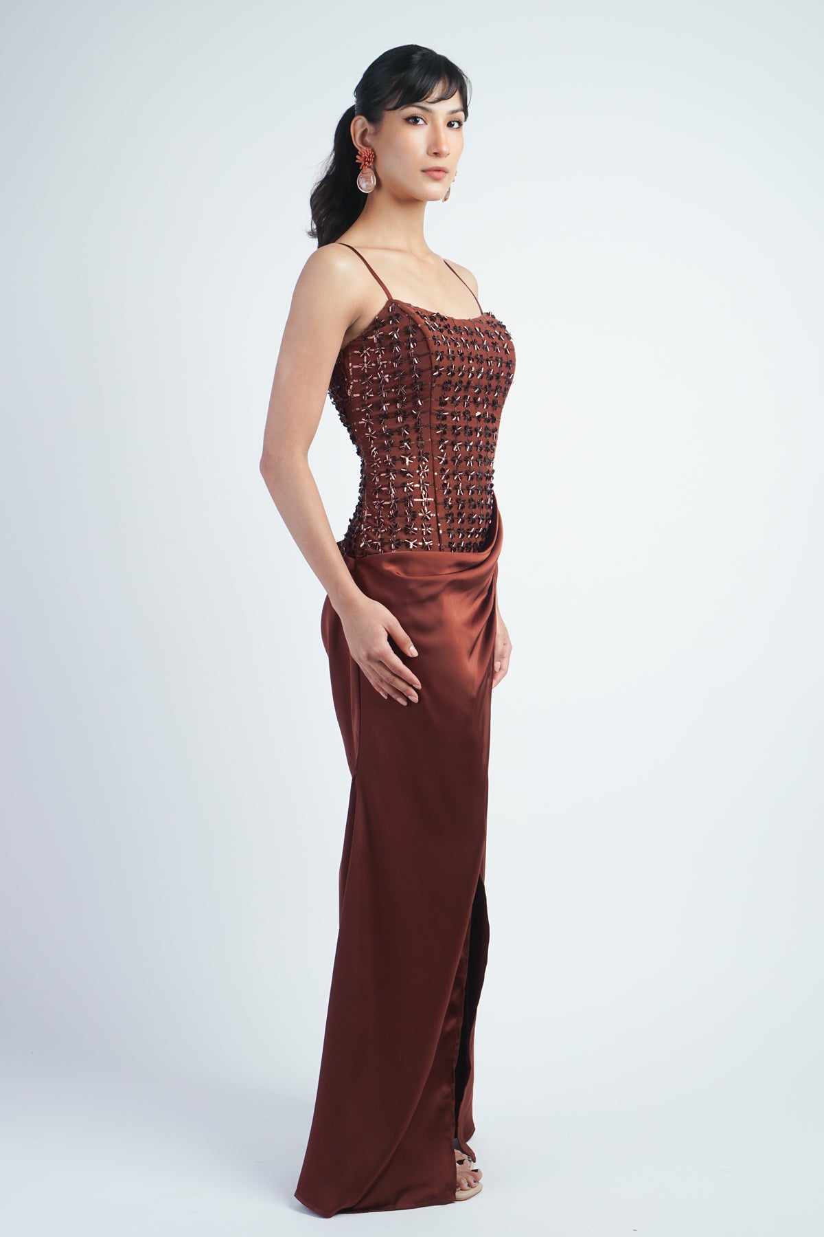 Brown Sequin Appliqué Mesh Gown