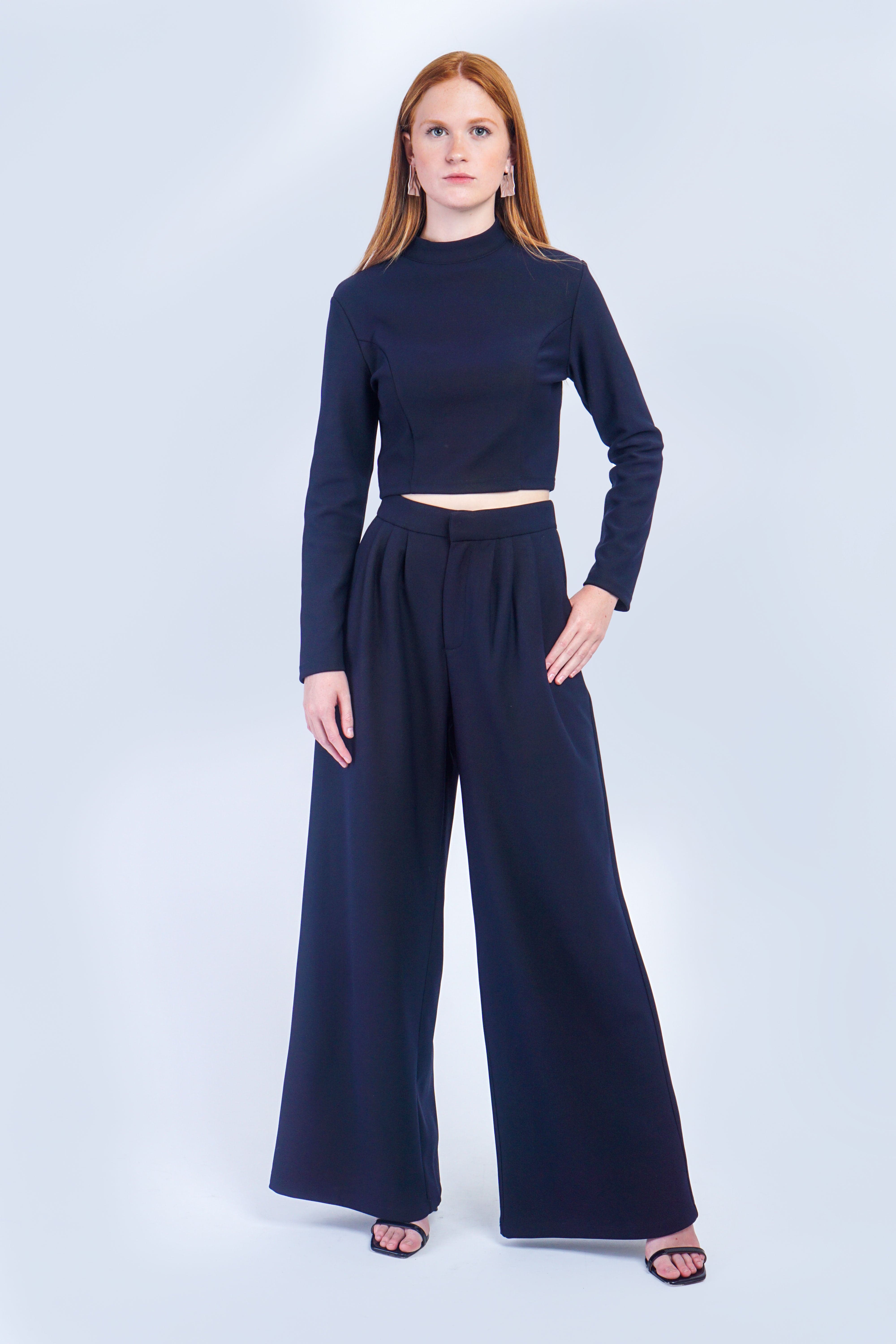 Dark Navy Crop Top and Pleated Trouser Set