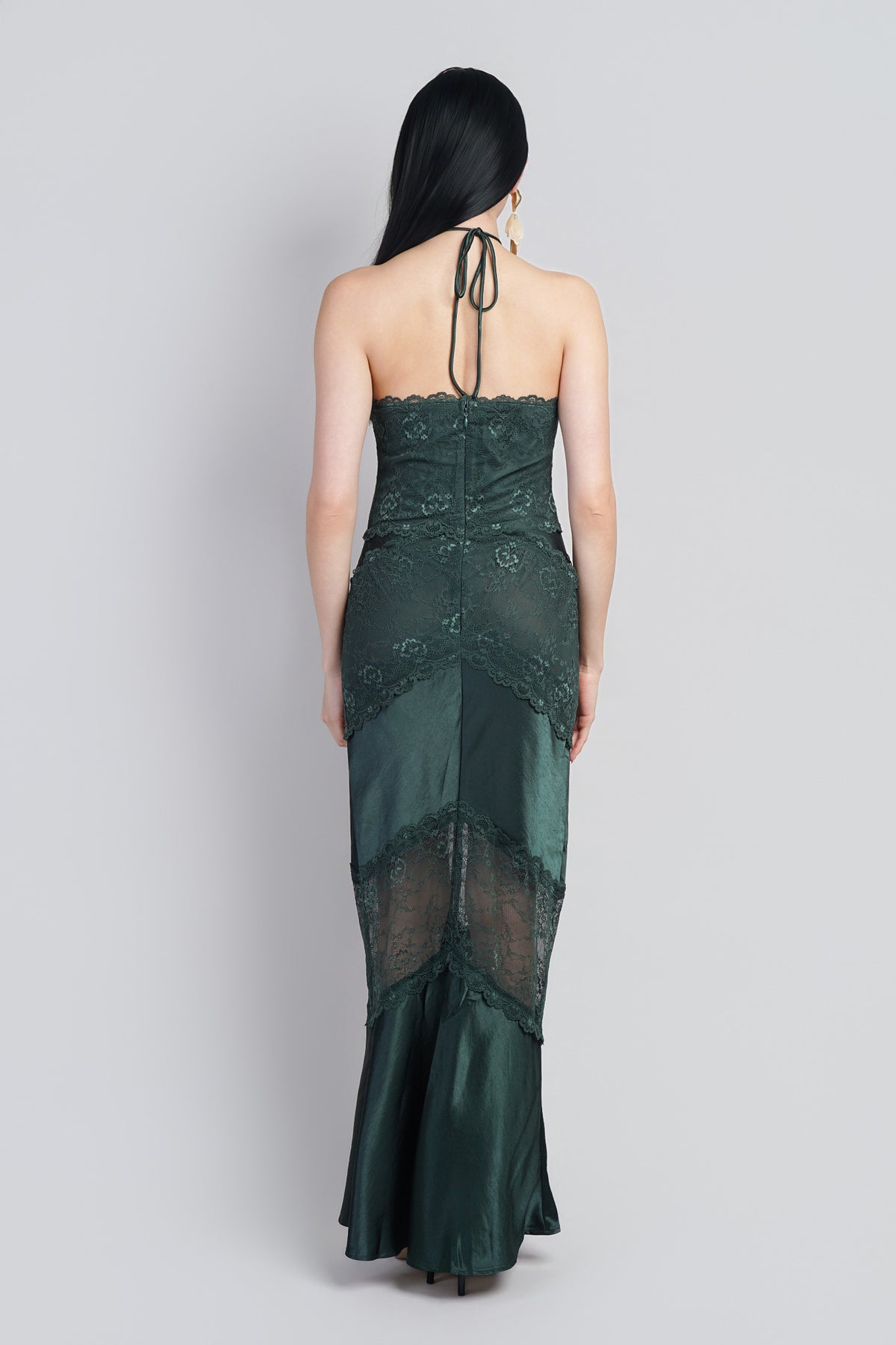 Dark Green Halter Lace Satin Chevron Gown