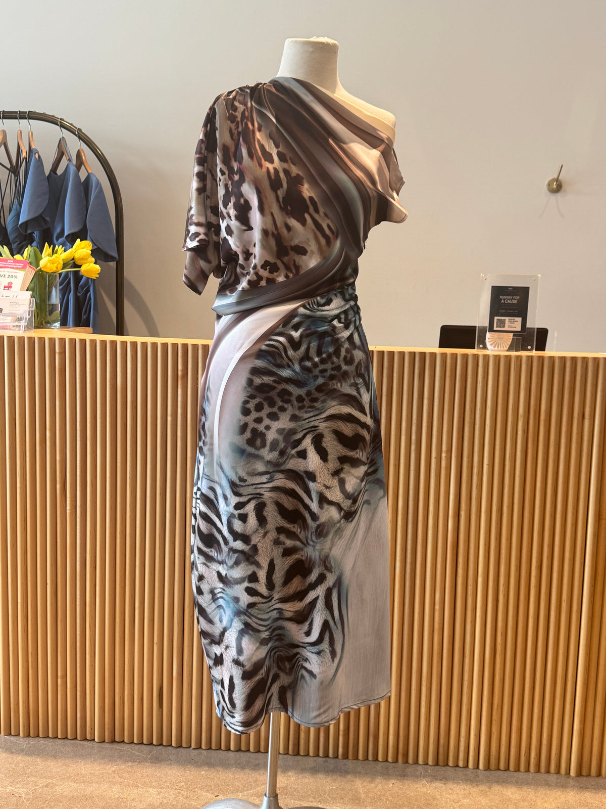 Leopard Printed One-shoulder Draped Midi Dress