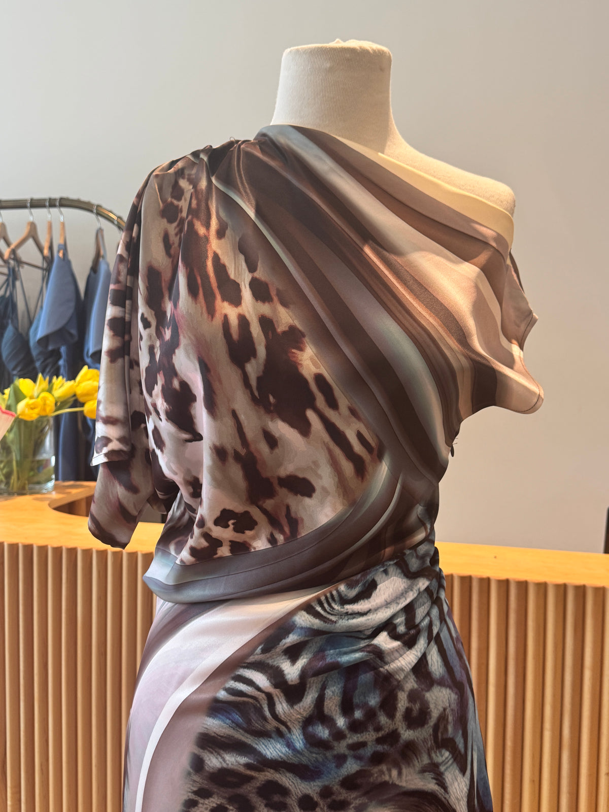 Leopard Printed One-shoulder Draped Midi Dress