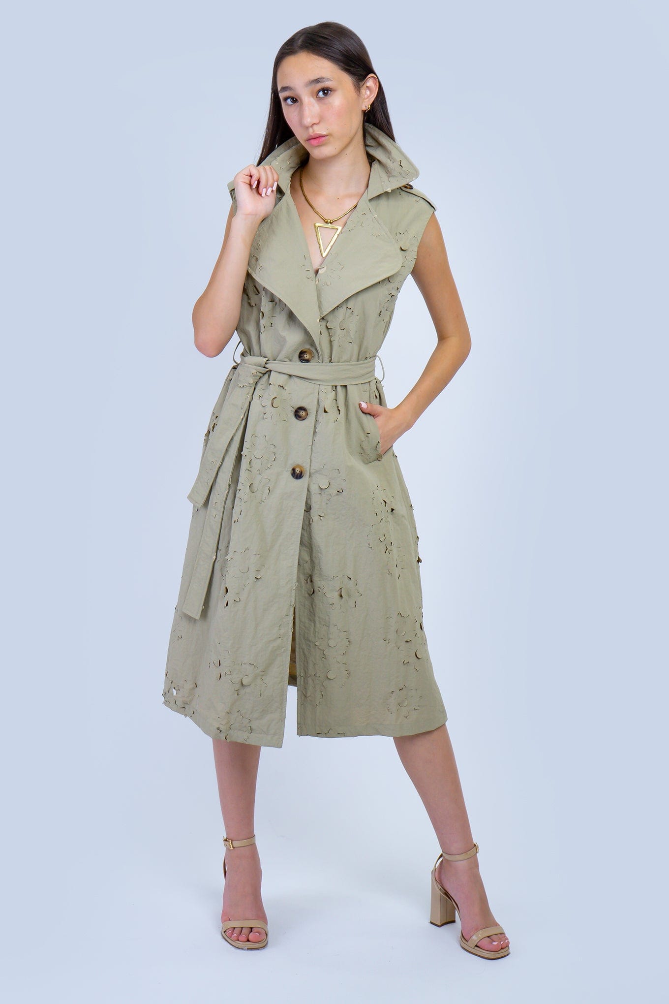 Khaki with Laser Cut Flowers Trench Coat Dress