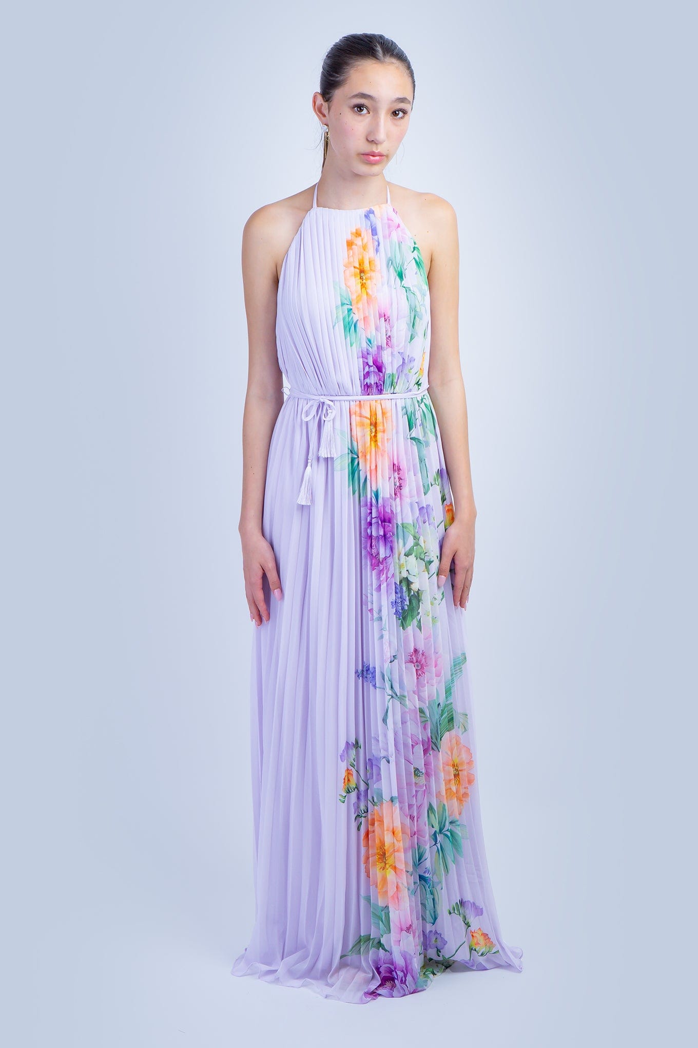 DCD GOWNS Lavender Orange Floral Pleated Halter Gown