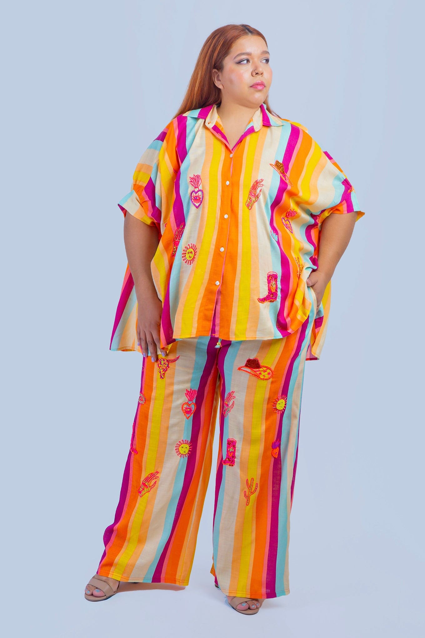 DCD TOPS ONE SIZE Multi Stripes Beaded Western Top