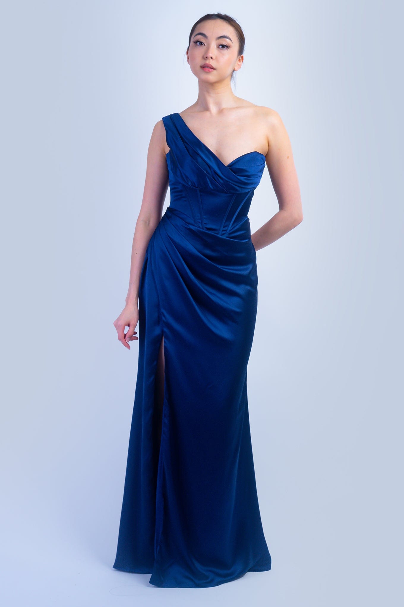 Navy One Shoulder Corset Gown, Wedding Guests, Formal 