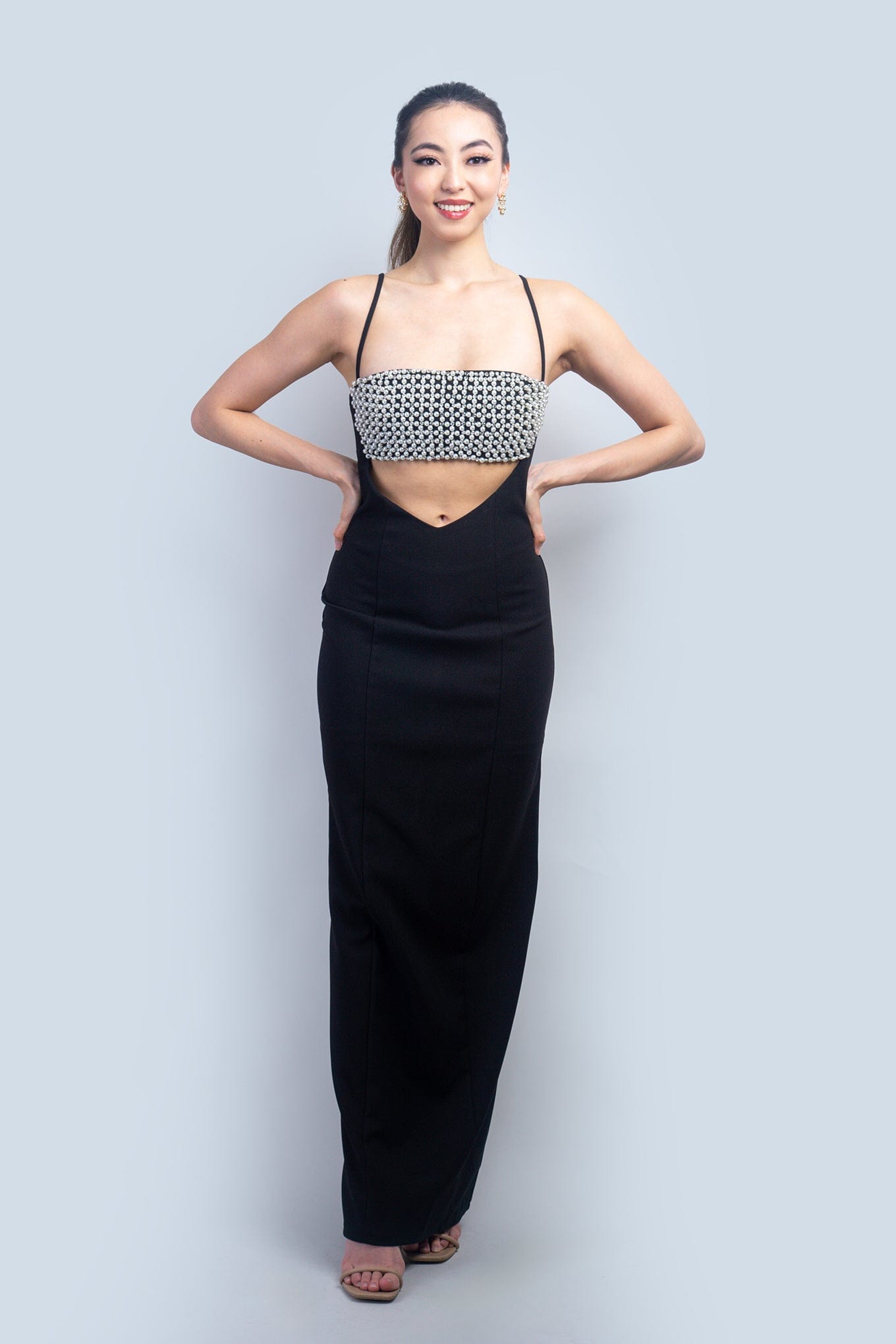 DCD DRESSES Pearl Rhinestone Bust Cut Out Black Gown