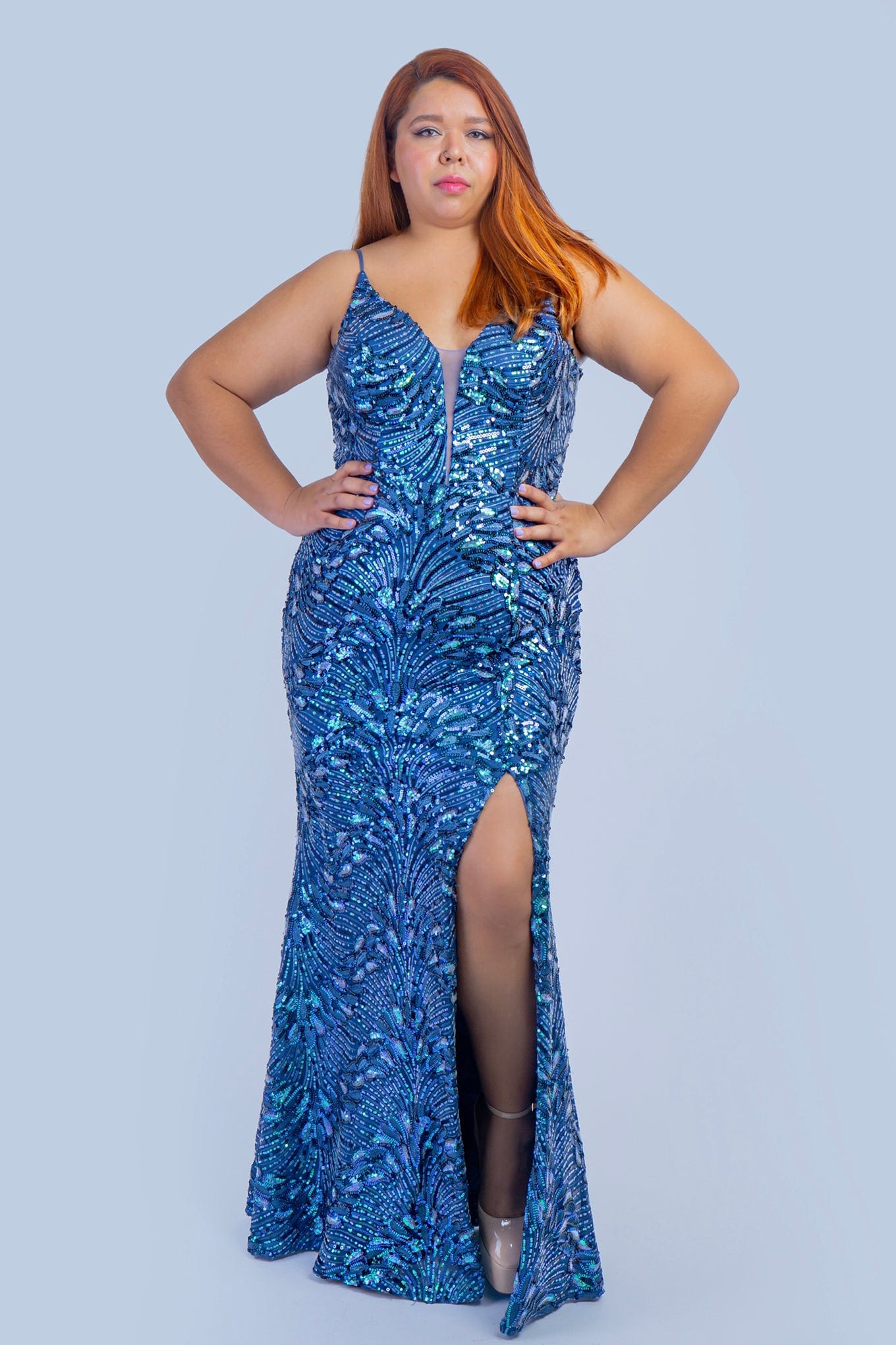 Plus Size Aqua Blue Sequin Gown