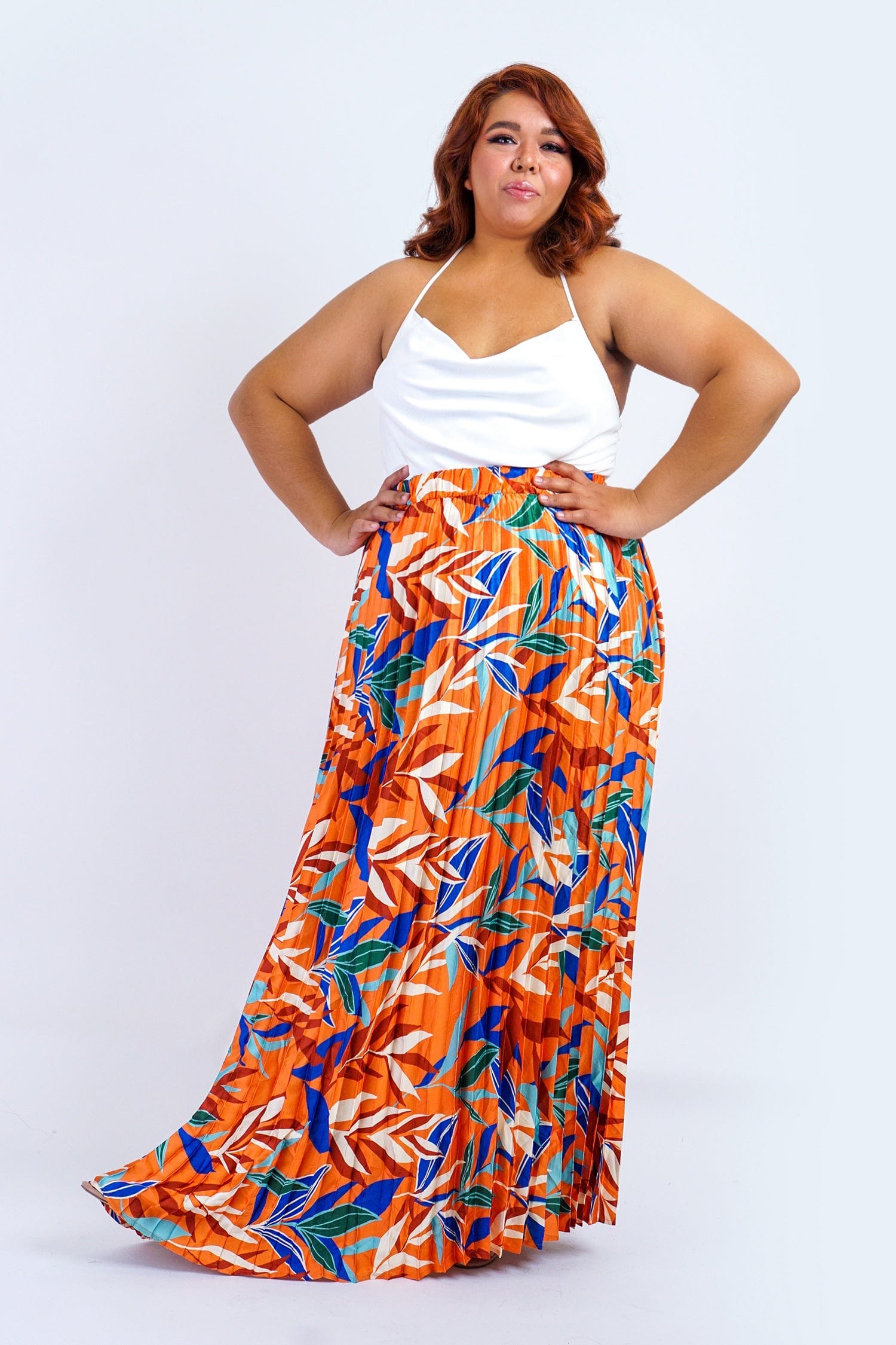 Plus Size Fall Print Maxi Skirt with elastic waistband