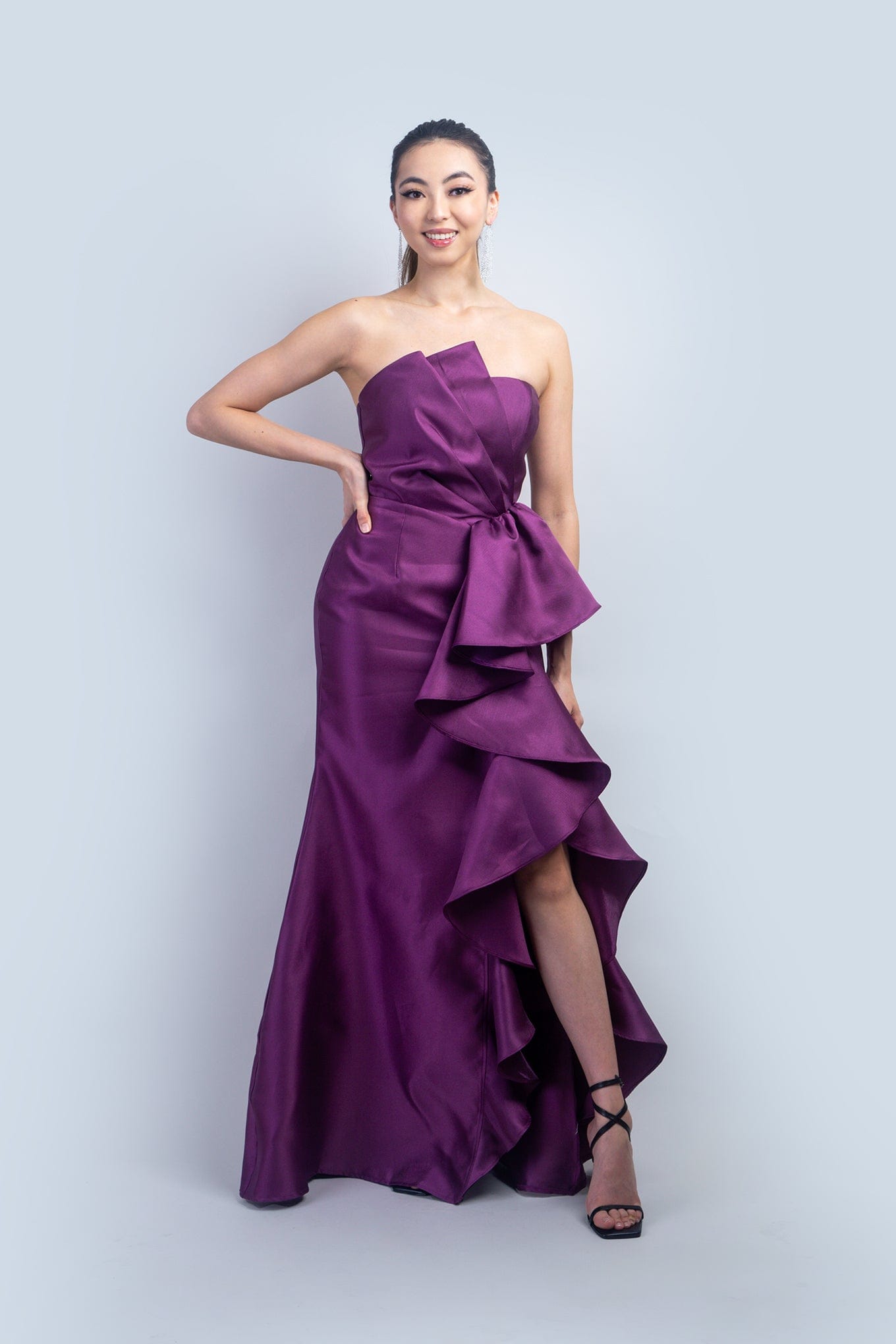 DCD GOWNS Purple Big Side Ruffle Gown