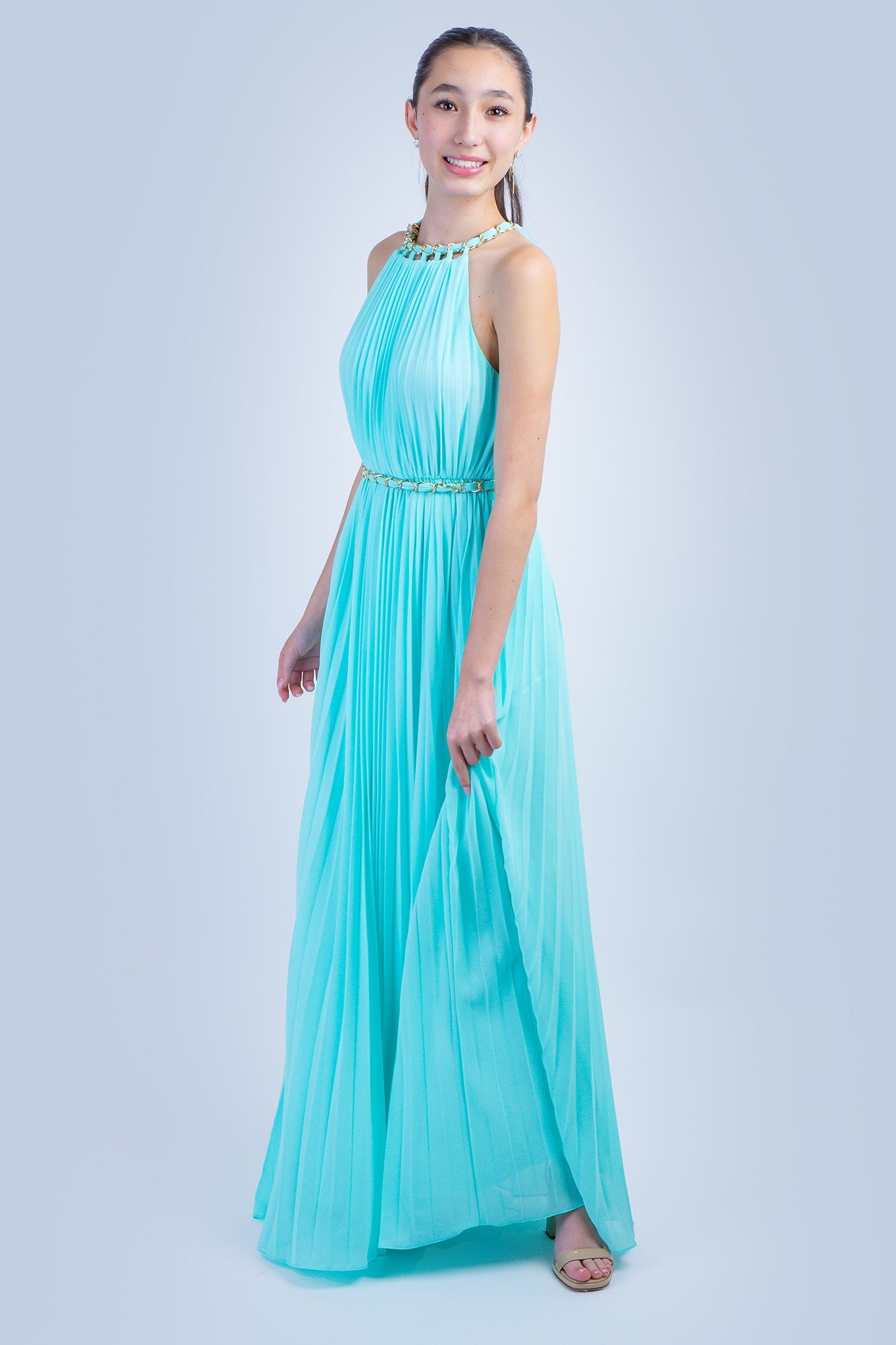 DCD GOWNS Mint Braided Chain  Pleated Halter Gown