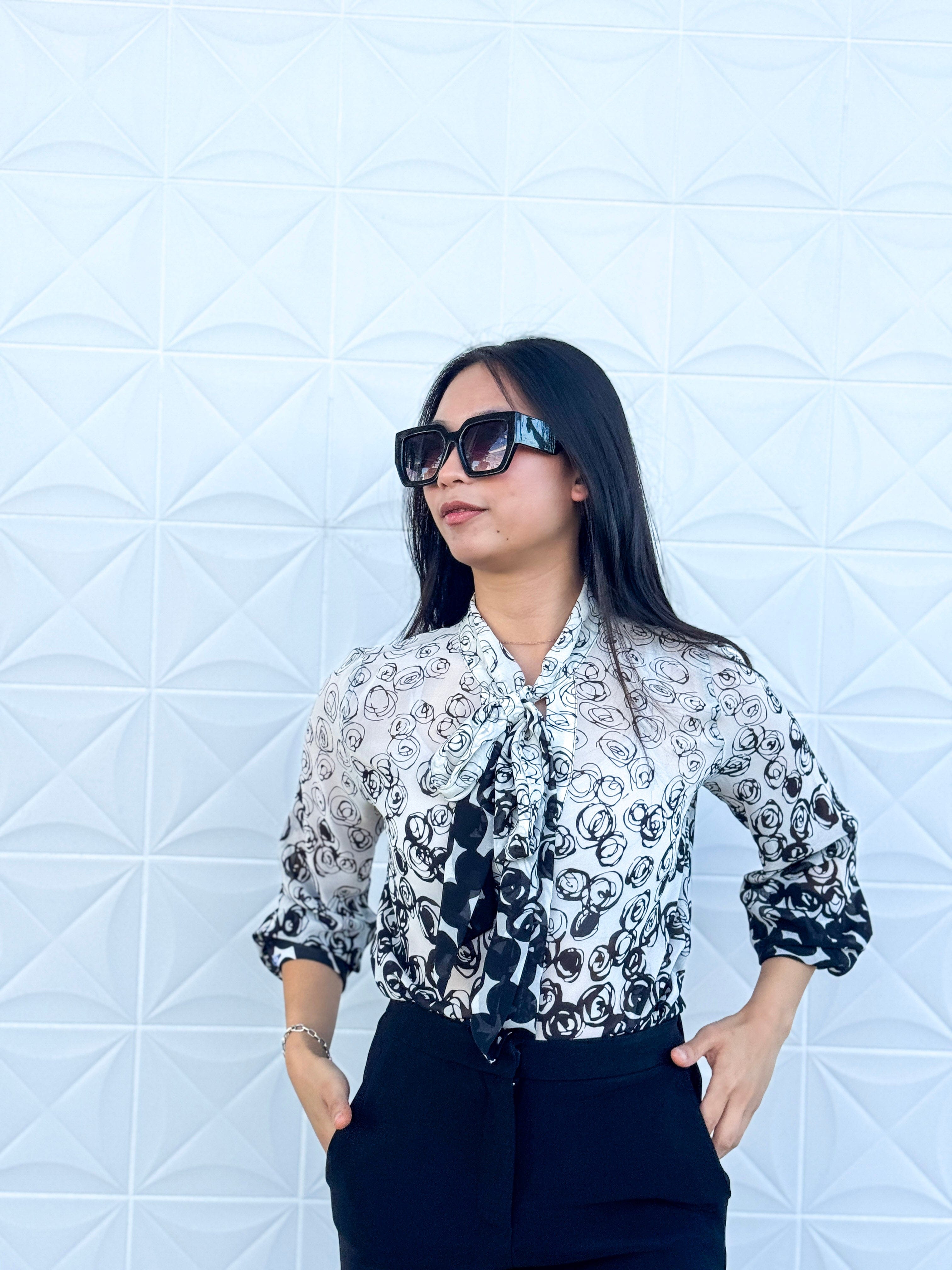 Private Label Black Rose Ombre Tie Front Top