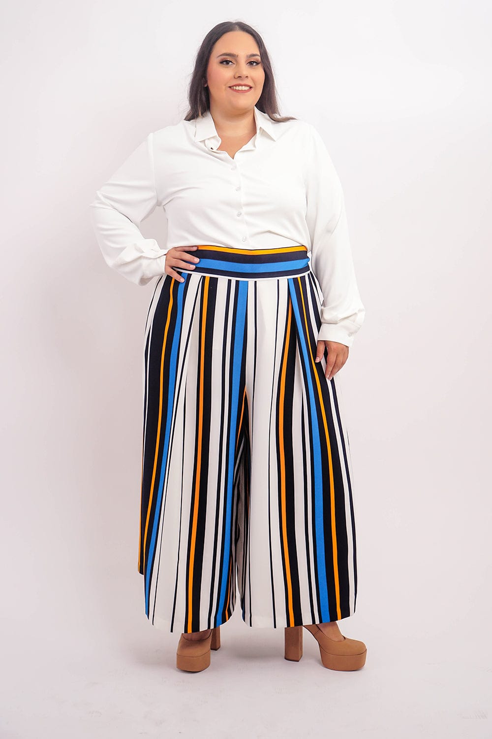 Chloe Dao BOTTOMS Blue Stripe Pleated Wide Leg Kira Pants
