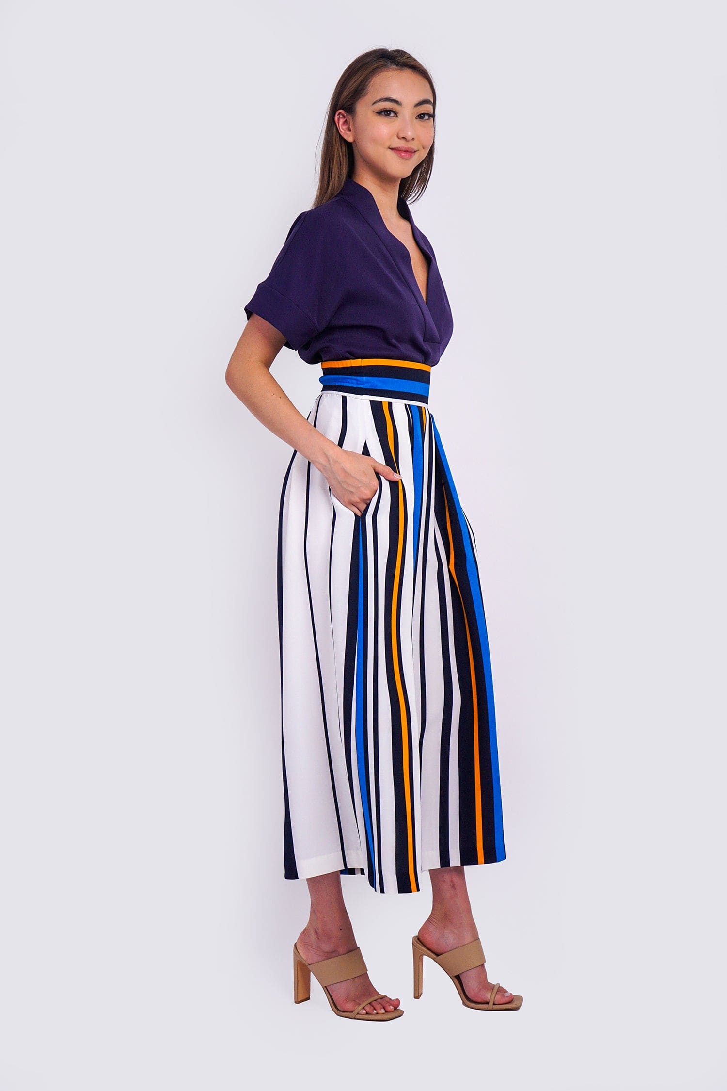 Chloe Dao BOTTOMS Blue Stripe Pleated Wide Leg Kira Pants