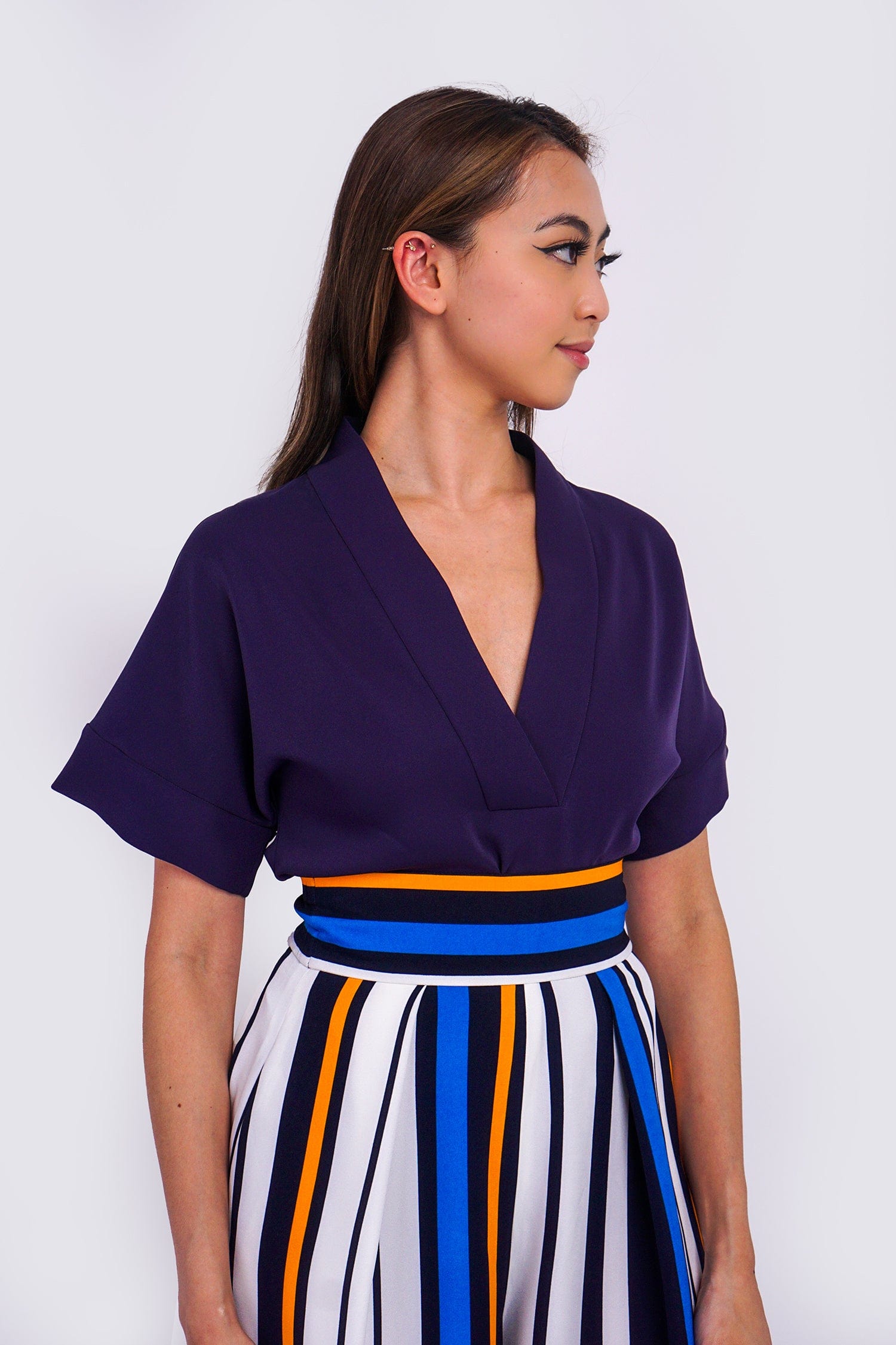 Chloe Dao BOTTOMS Blue Stripe Pleated Wide Leg Kira Pants