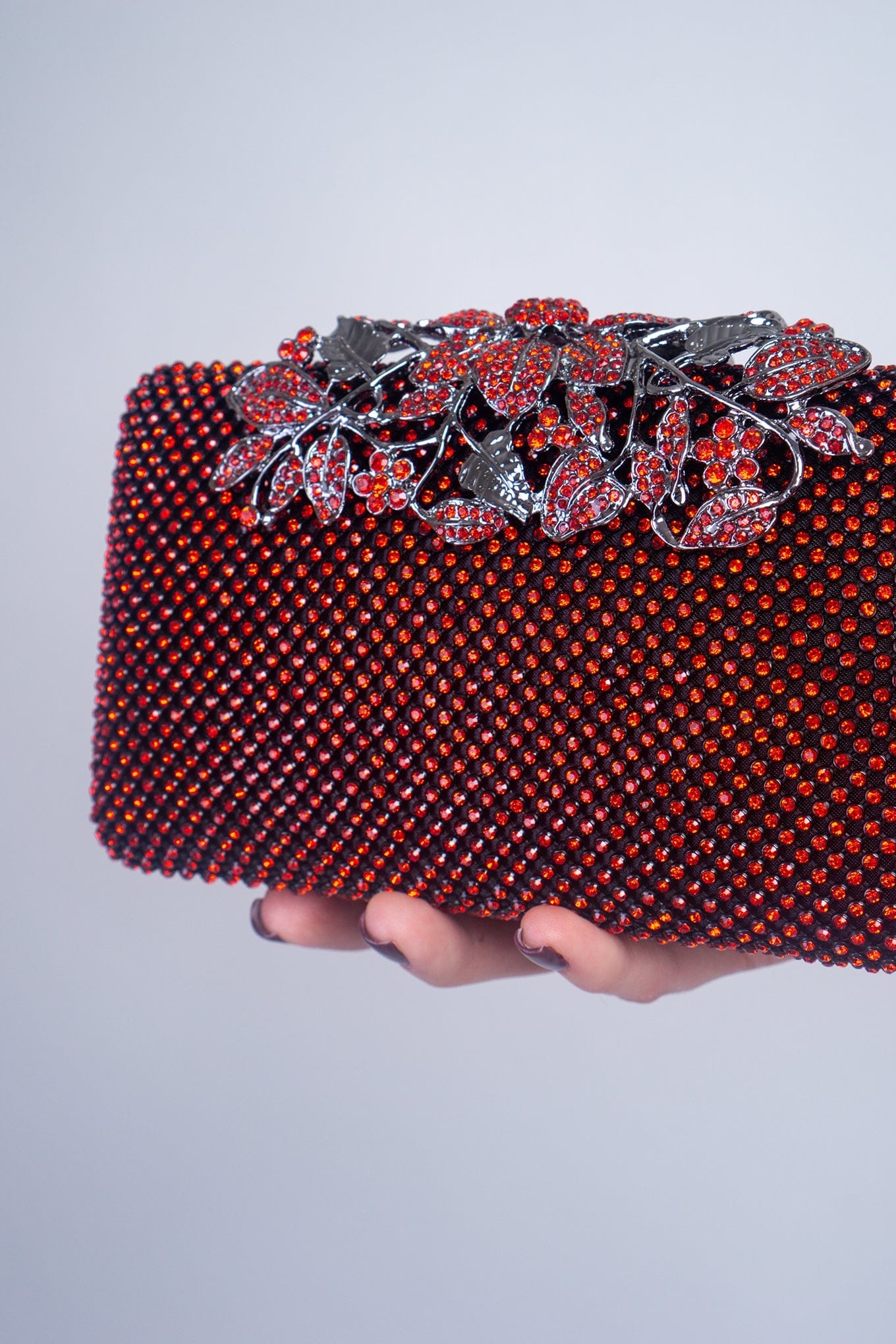DCD CLUTCHES Red Floral Closure Rhinestone Clutch