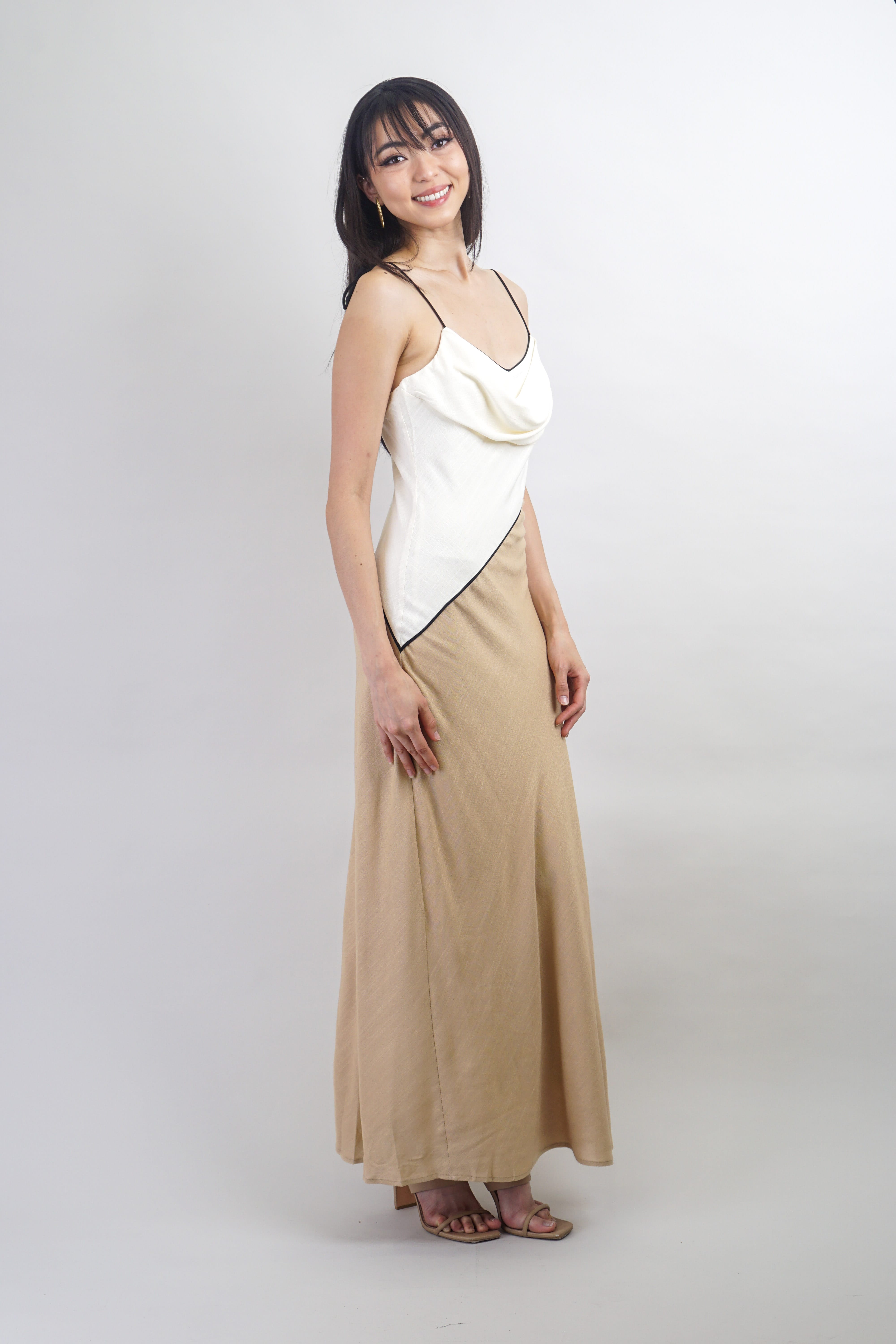 Private Label DRESSES Bias Cream Tan Slip Cowl Midi Dress