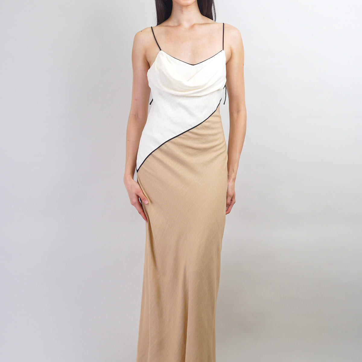 tan midi dress formal Bias Cream Slip Cowl Model Rafaela