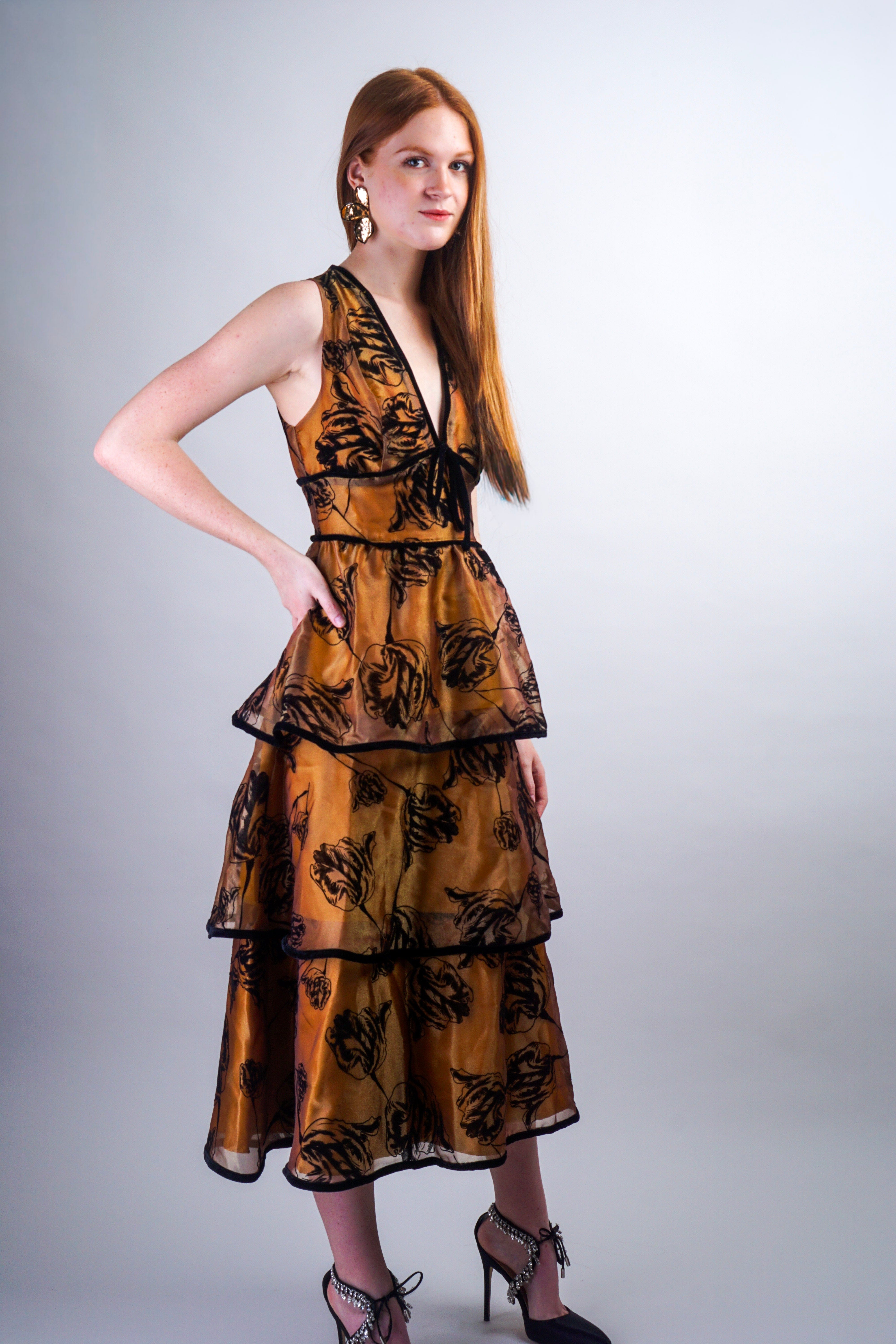 Private Label DRESSES Black/Brown Tiered Sleeveless Midi Dress