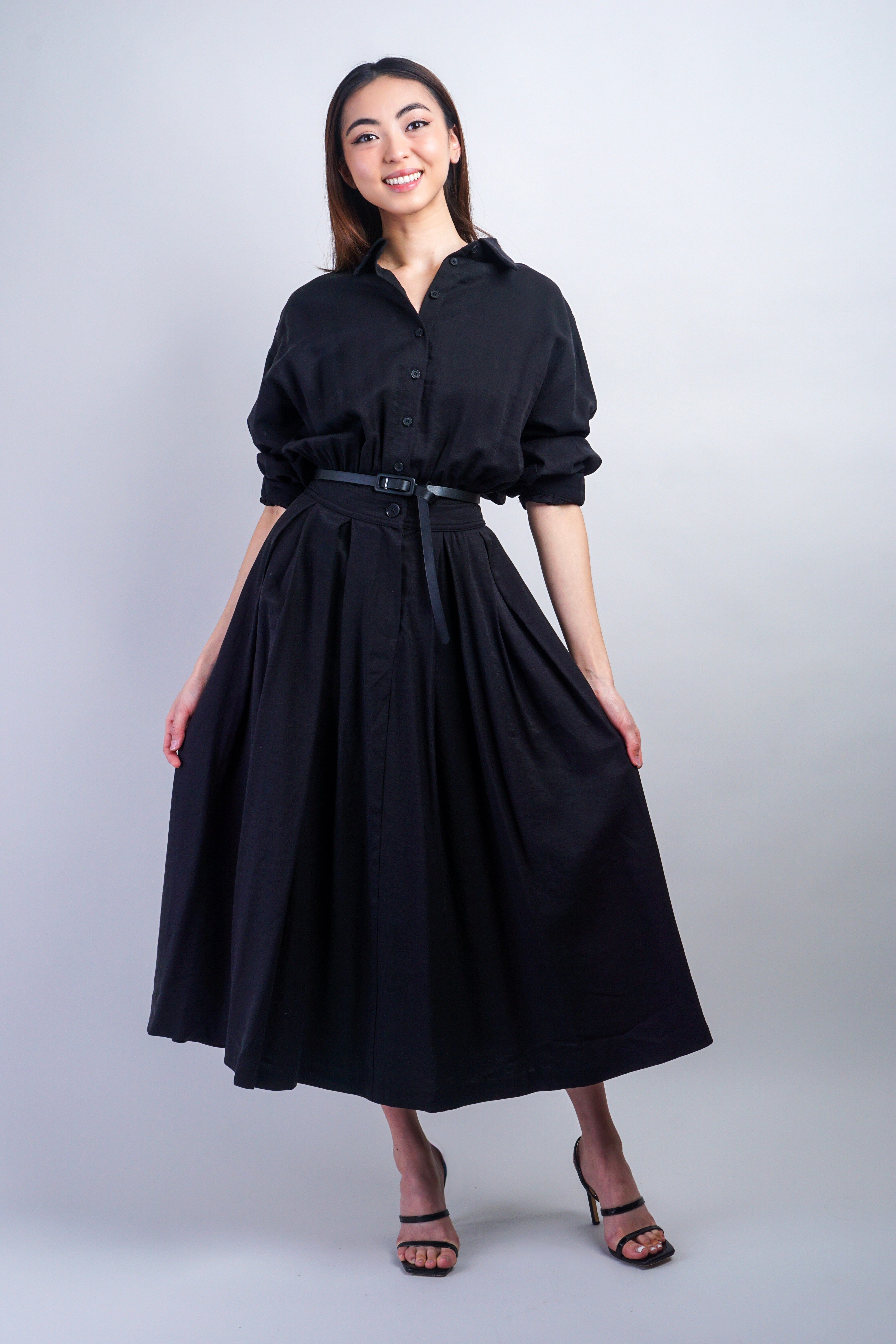 Private Label DRESSES Black Classic Long Sleeve Midi Shirt Dress