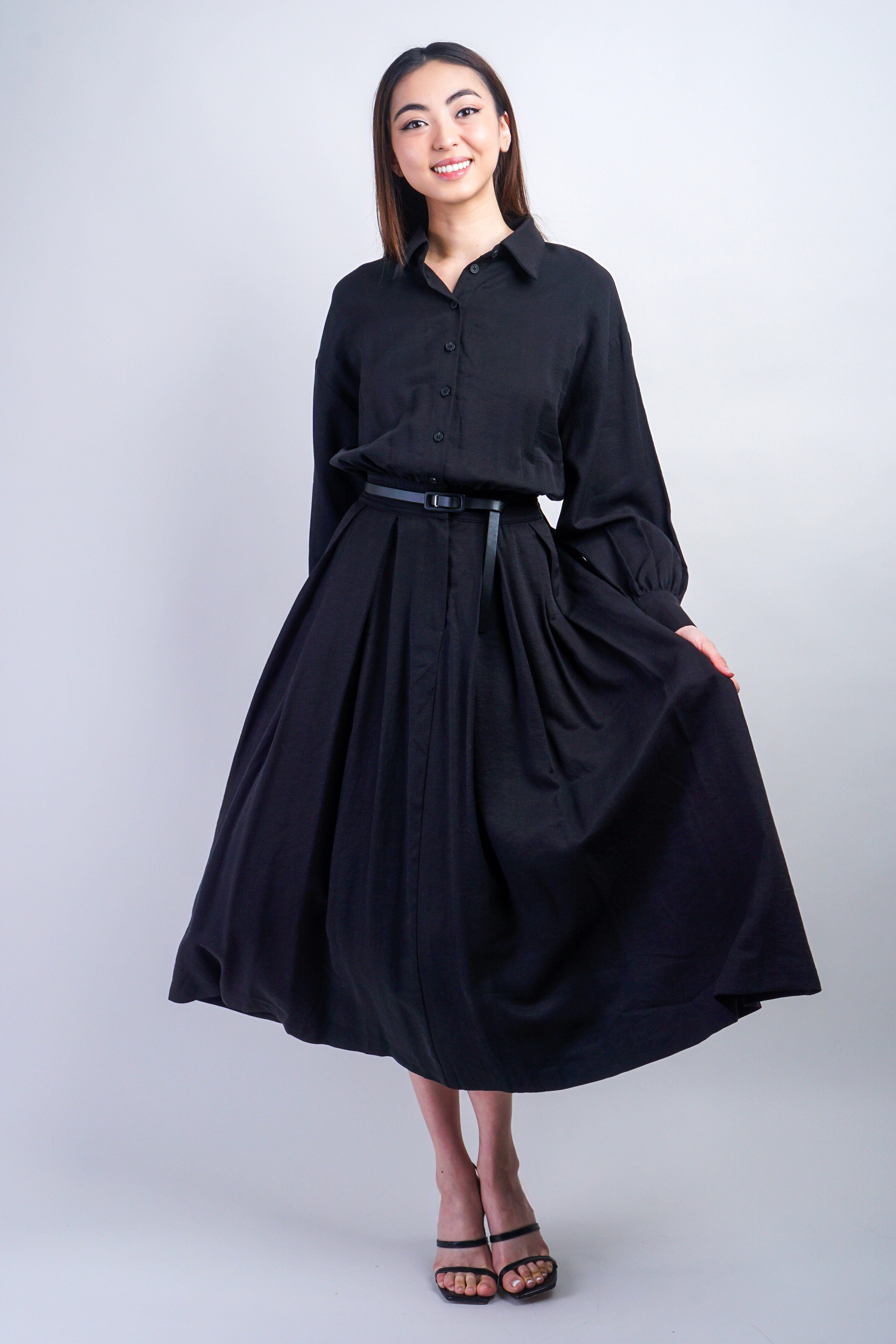 Private Label DRESSES Black Classic Long Sleeve Midi Shirt Dress