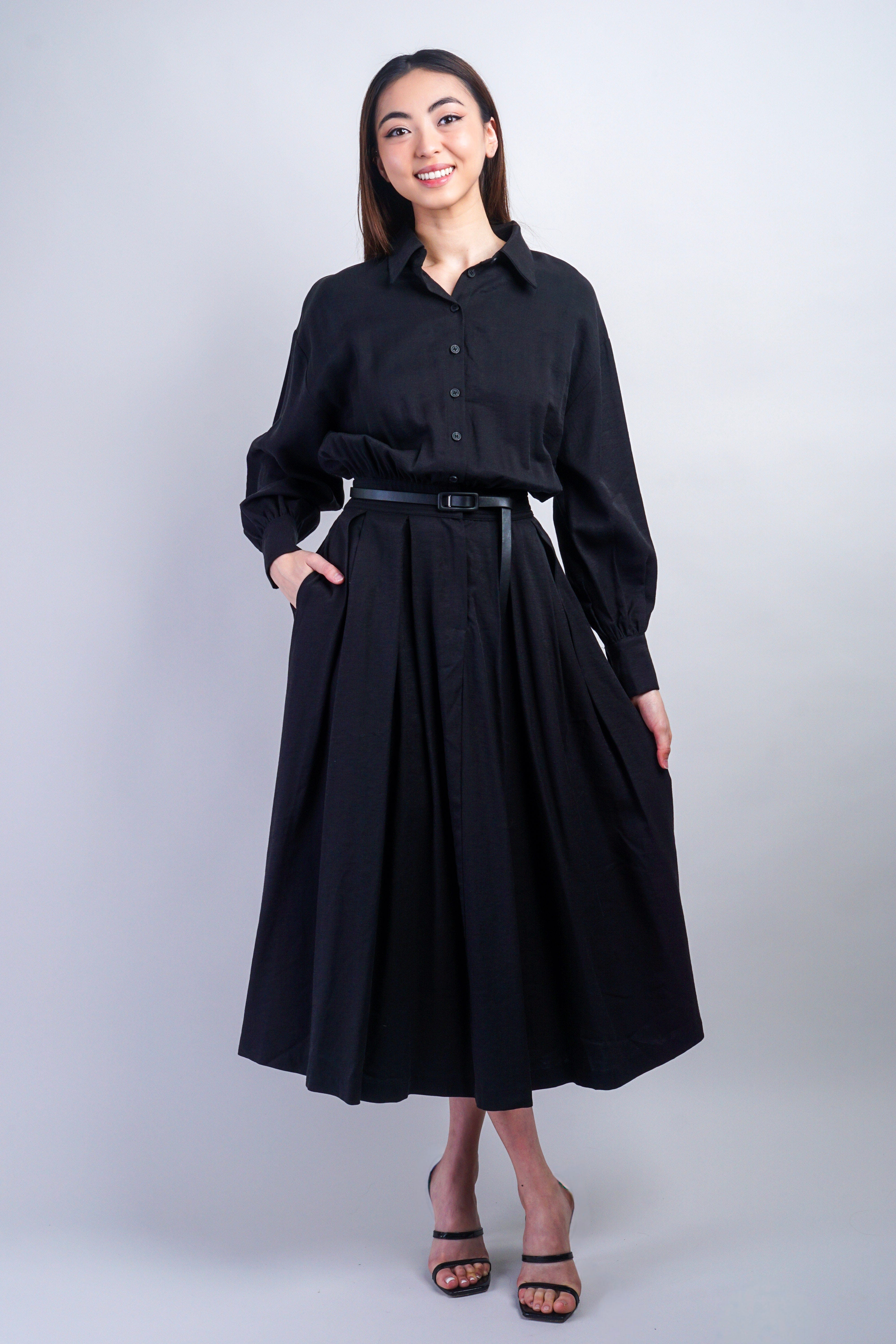 Private Label DRESSES Black Classic Long Sleeve Midi Shirt Dress