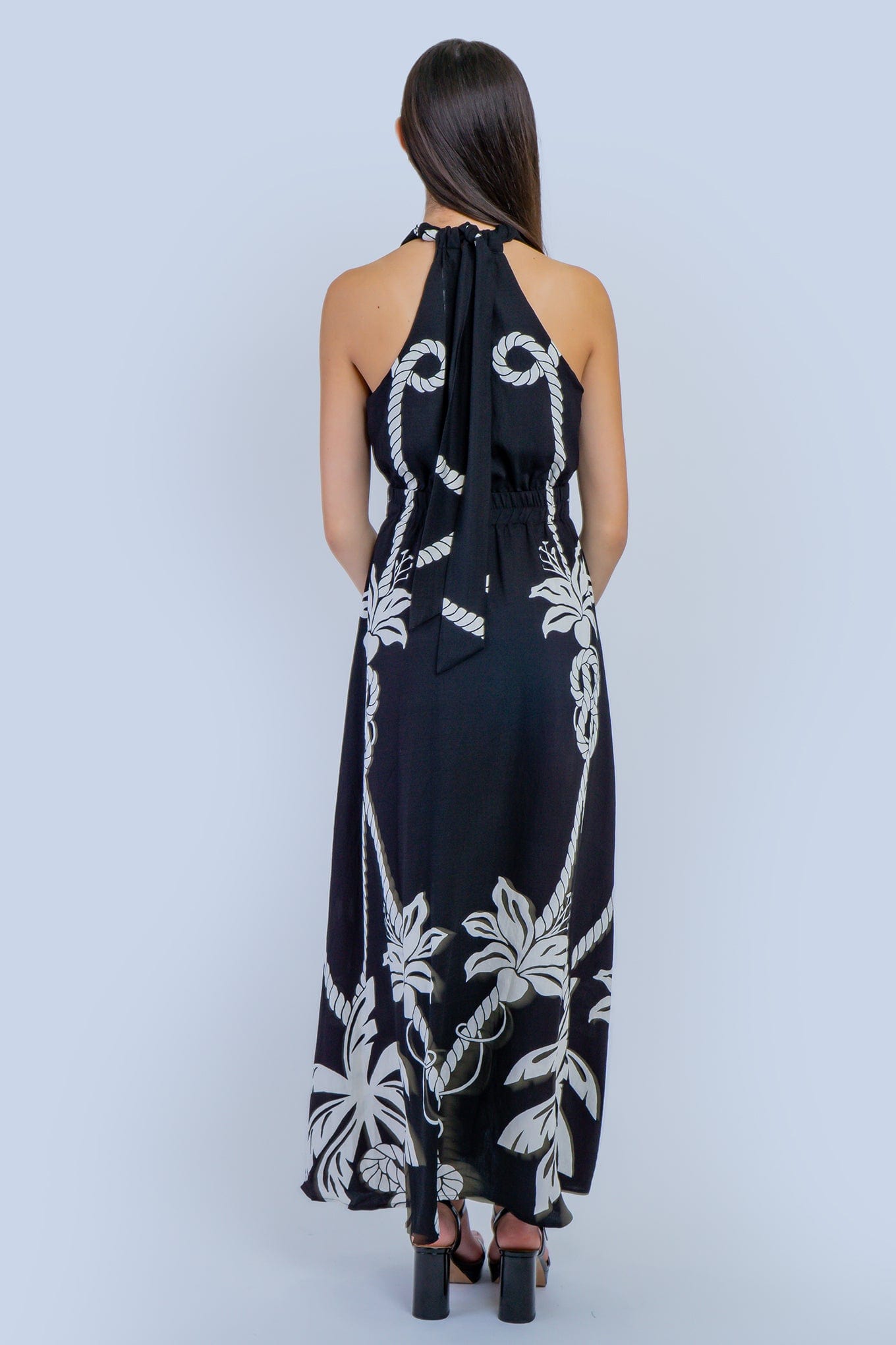DCD DRESSES Black Knotted Halter Neck Detail Braid Belted Maxi Dress