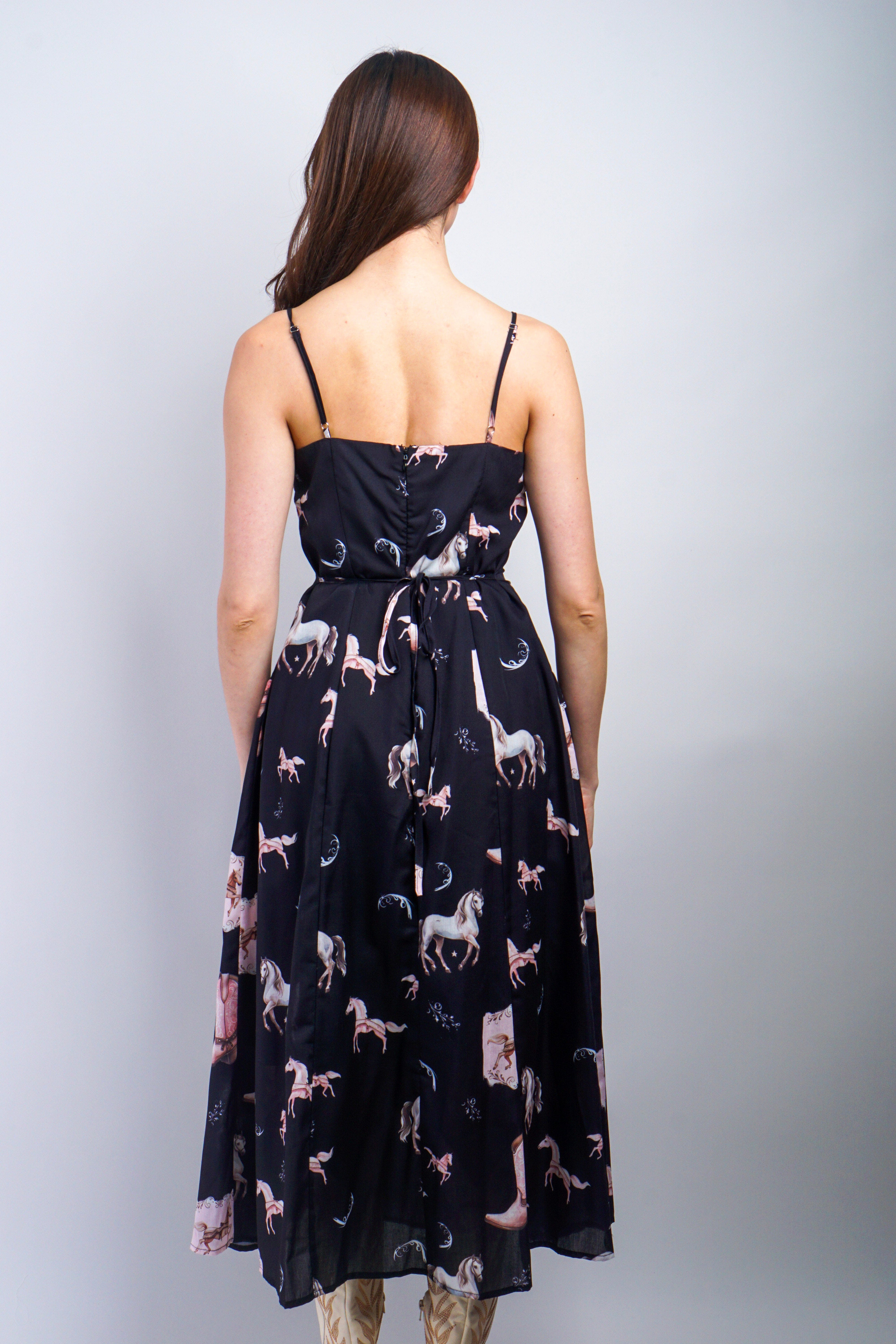 Private Label DRESSES Black Multi Horse Western Print Midi Dress