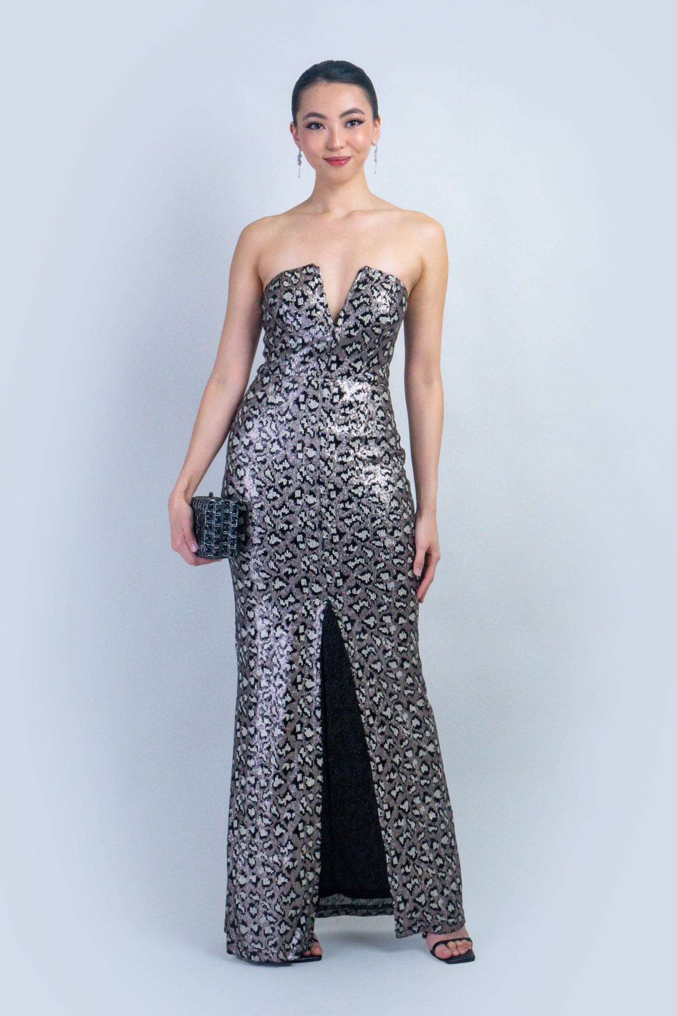 DCD DRESSES Black Multi Leopard Print Sequin Strapless Gown