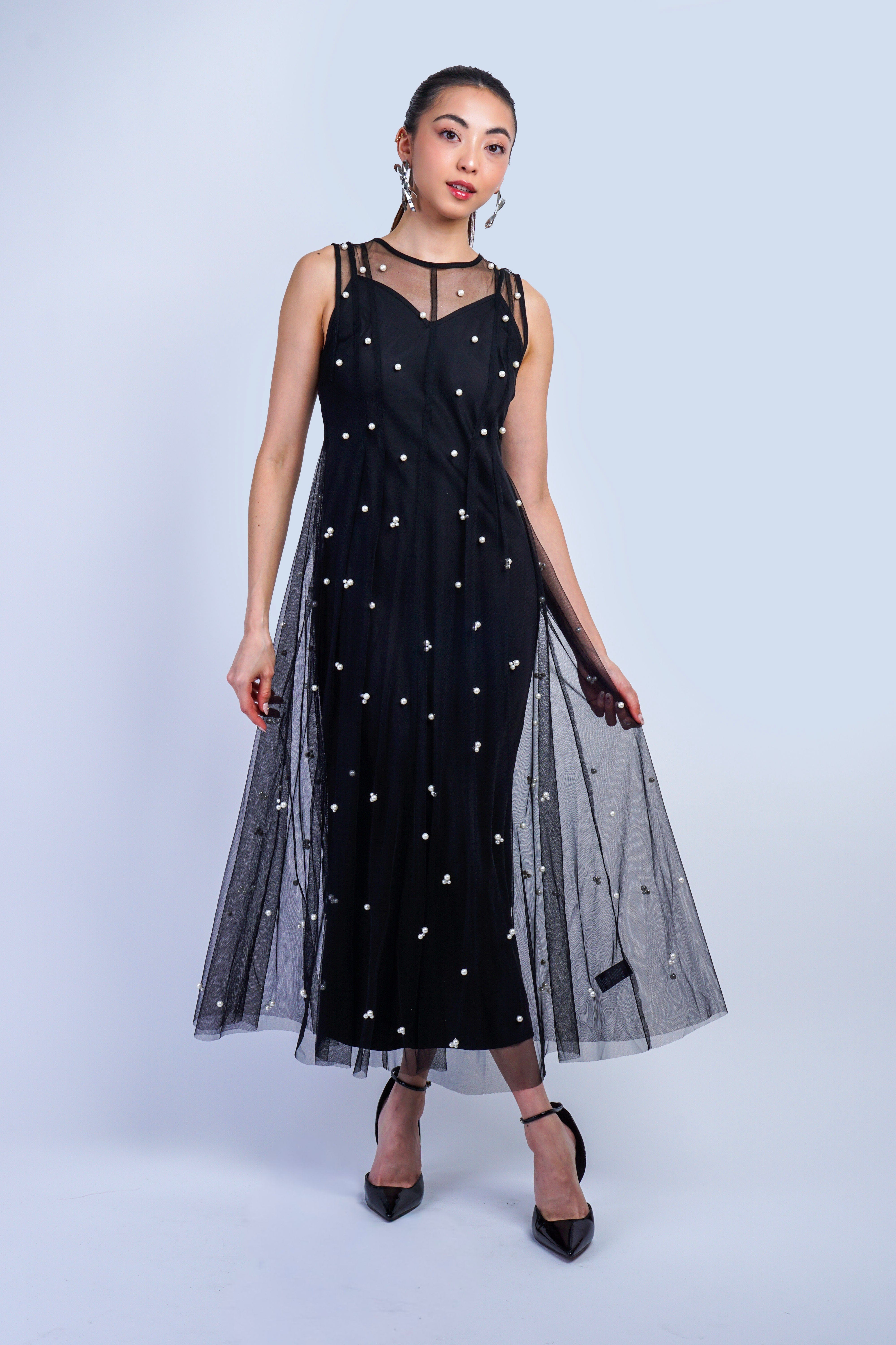 Private Label DRESSES Black Pearl Beaded Mesh Midi Dress