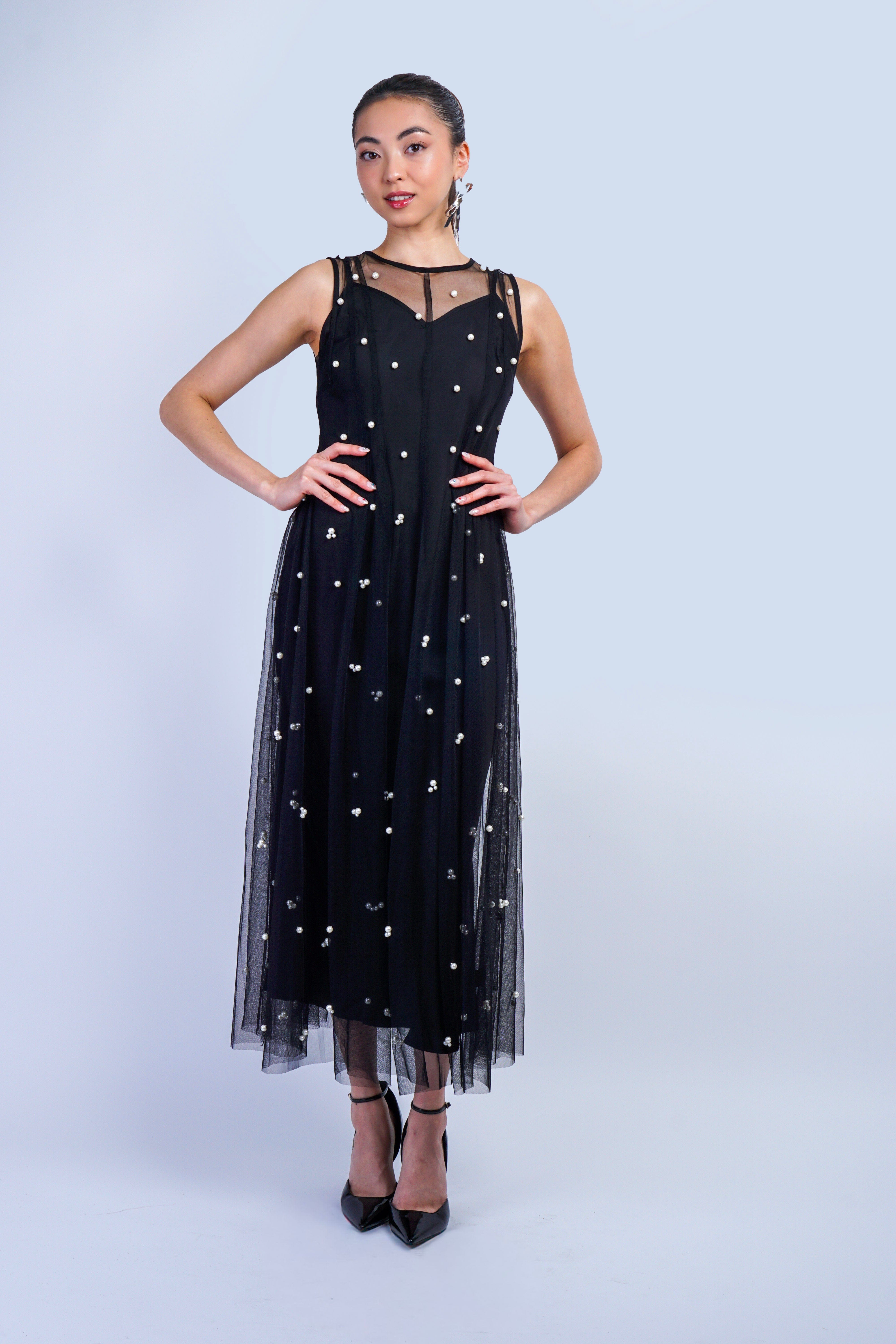 Private Label DRESSES Black Pearl Beaded Mesh Midi Dress