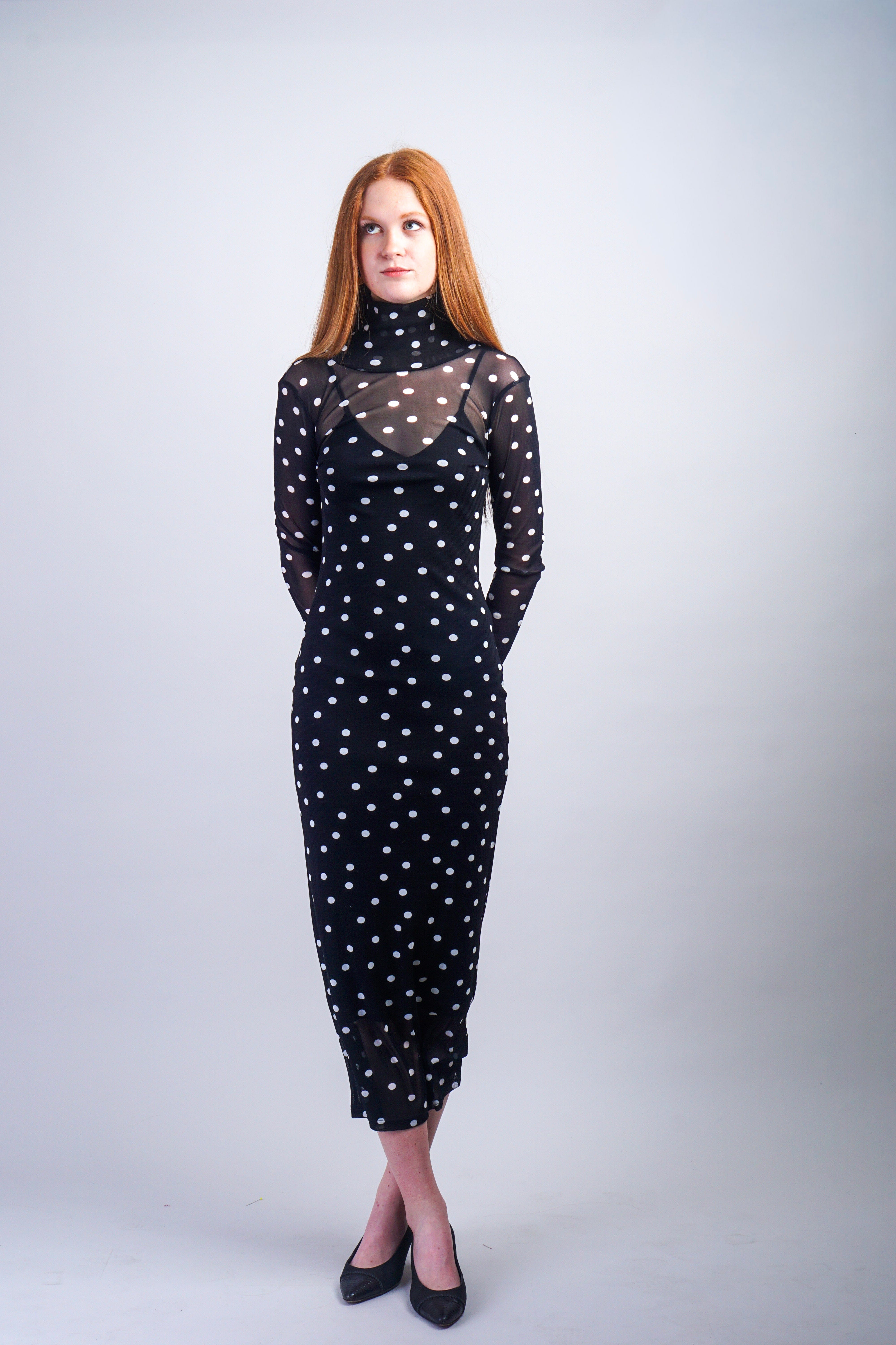 Private Label DRESSES Black Polka-Dot Mesh Print Mid Length Dress