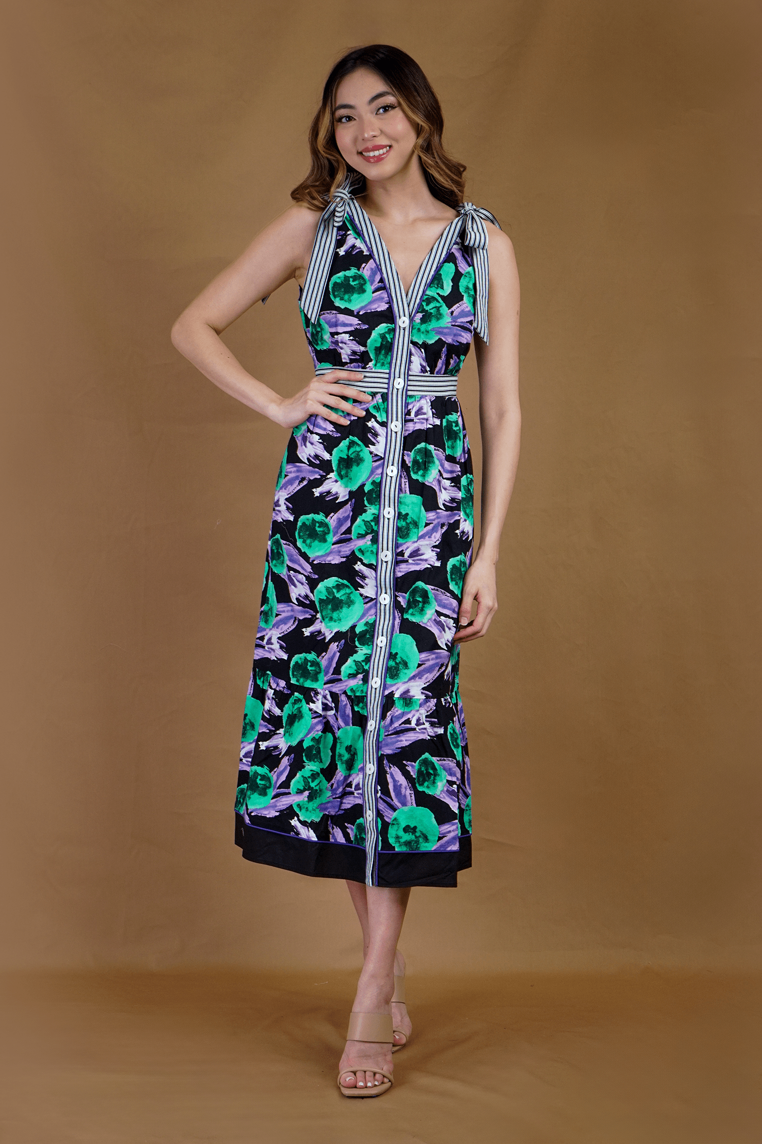 Chloe Dao Boutique DRESSES Black Purple Floral Stripe V Neck Midi Dress