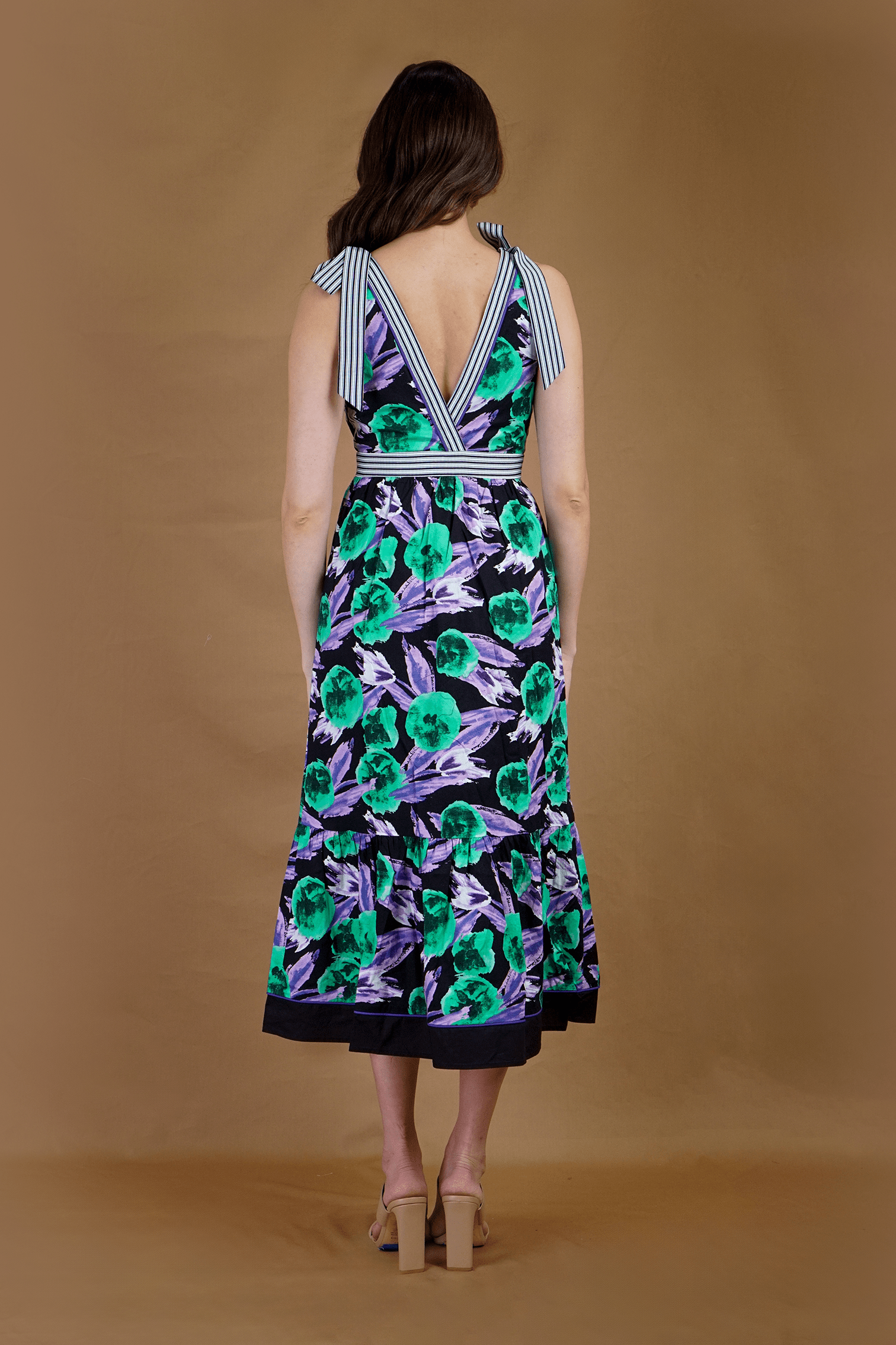 Chloe Dao Boutique DRESSES Black Purple Floral Stripe V Neck Midi Dress