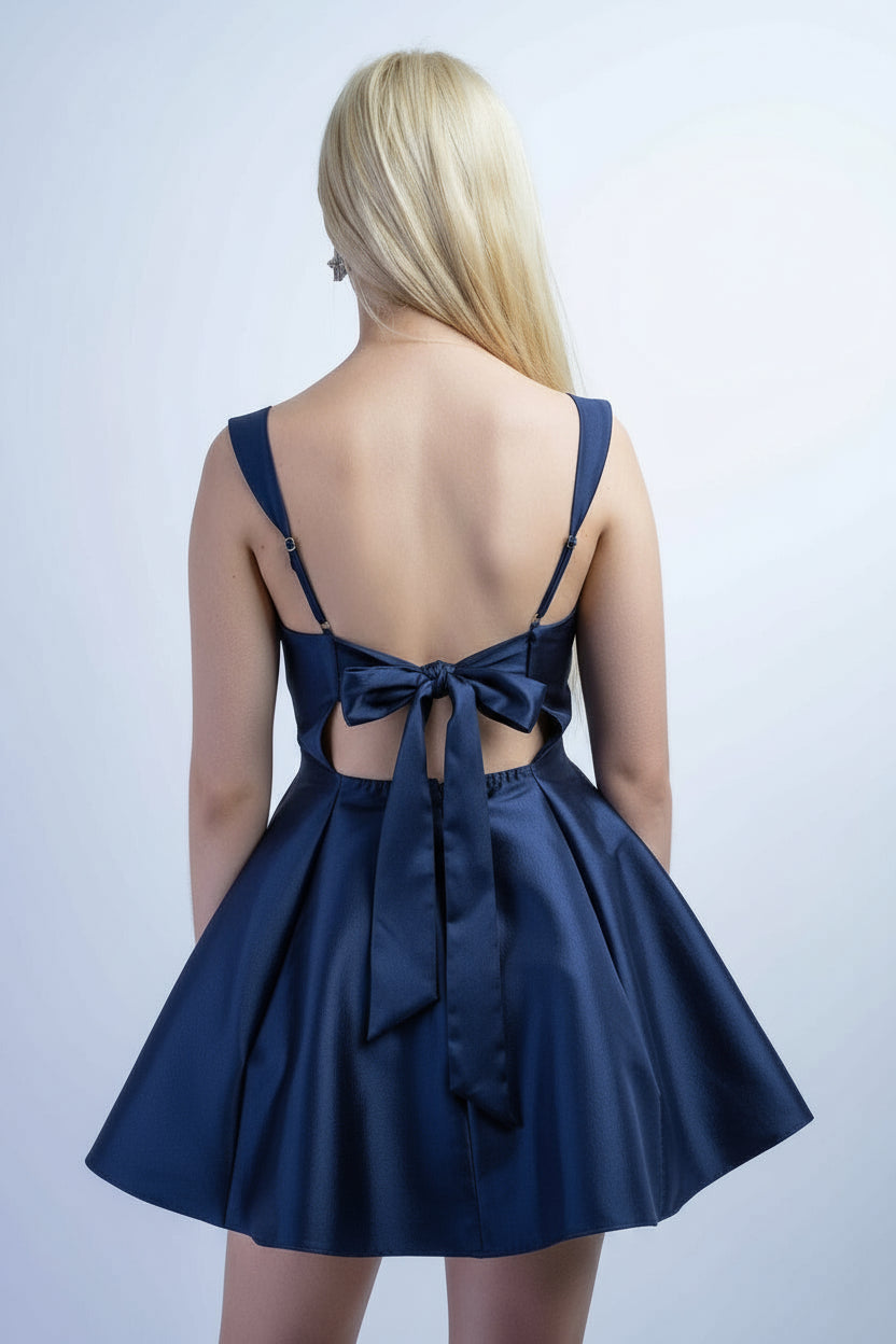 DCD DRESSES Black Satin Square Neck Flared Dress