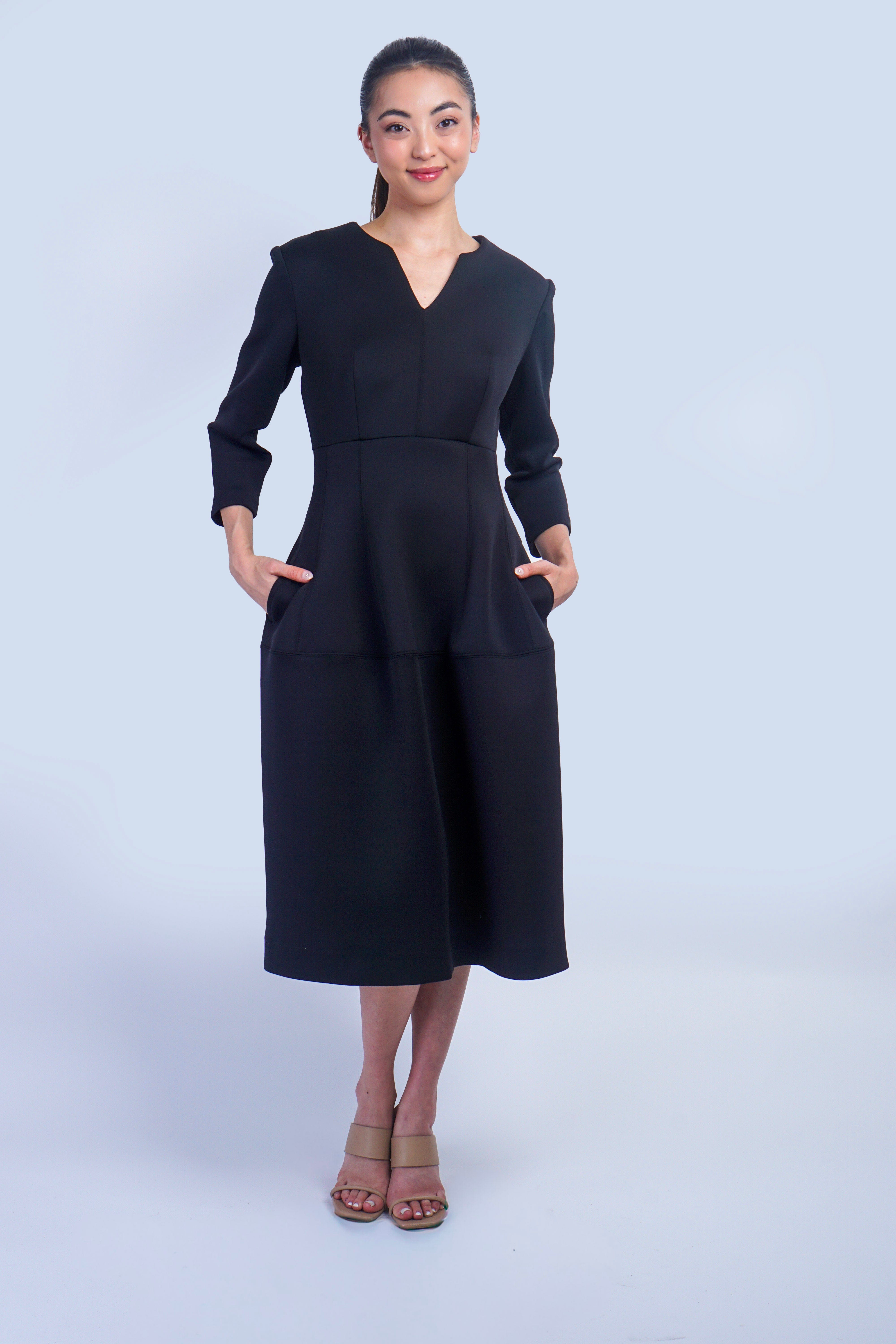 Chloe Dao DRESSES Black V Neck Neoprene Midi Dress