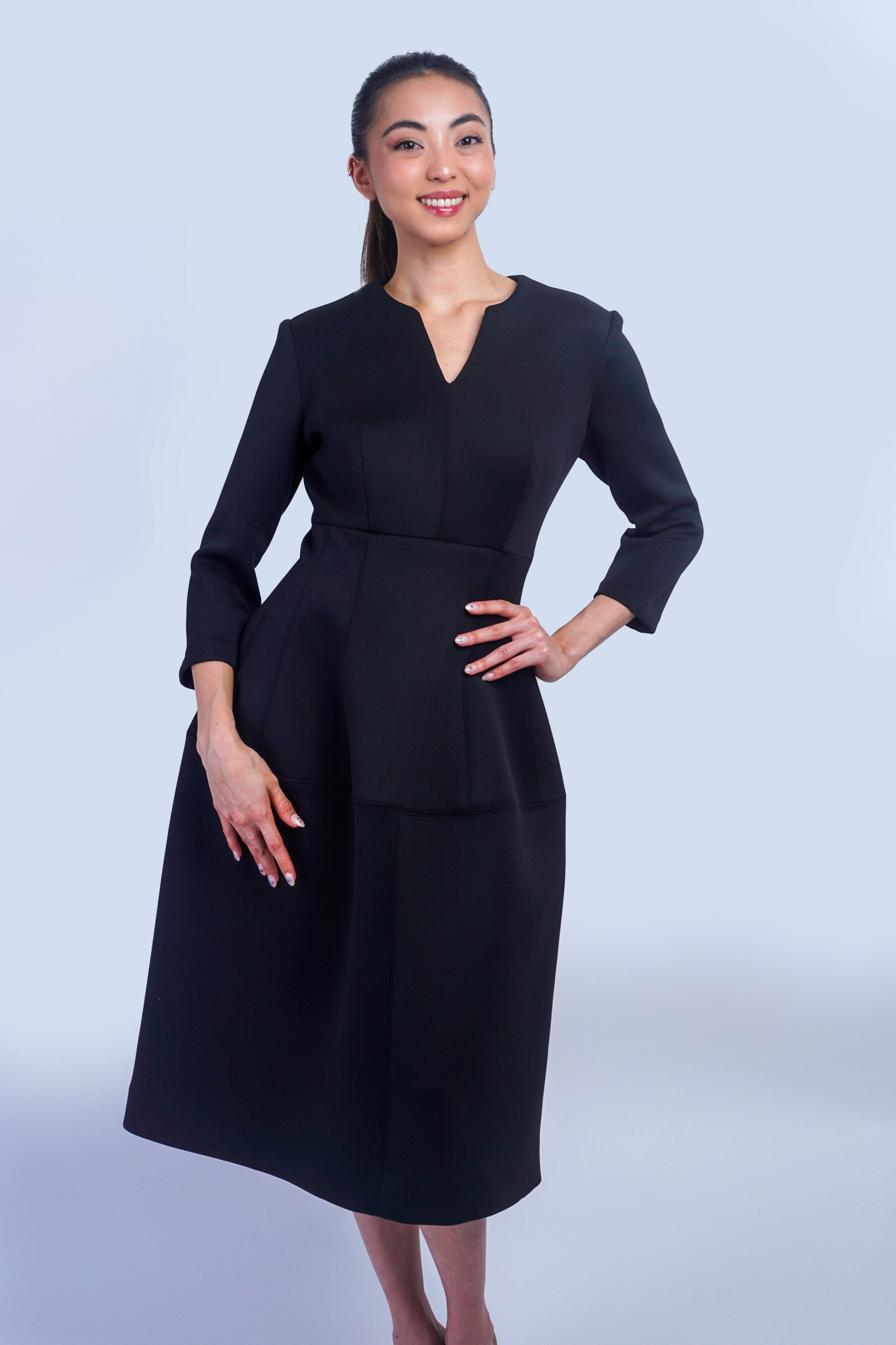 Chloe Dao DRESSES Black V Neck Neoprene Midi Dress