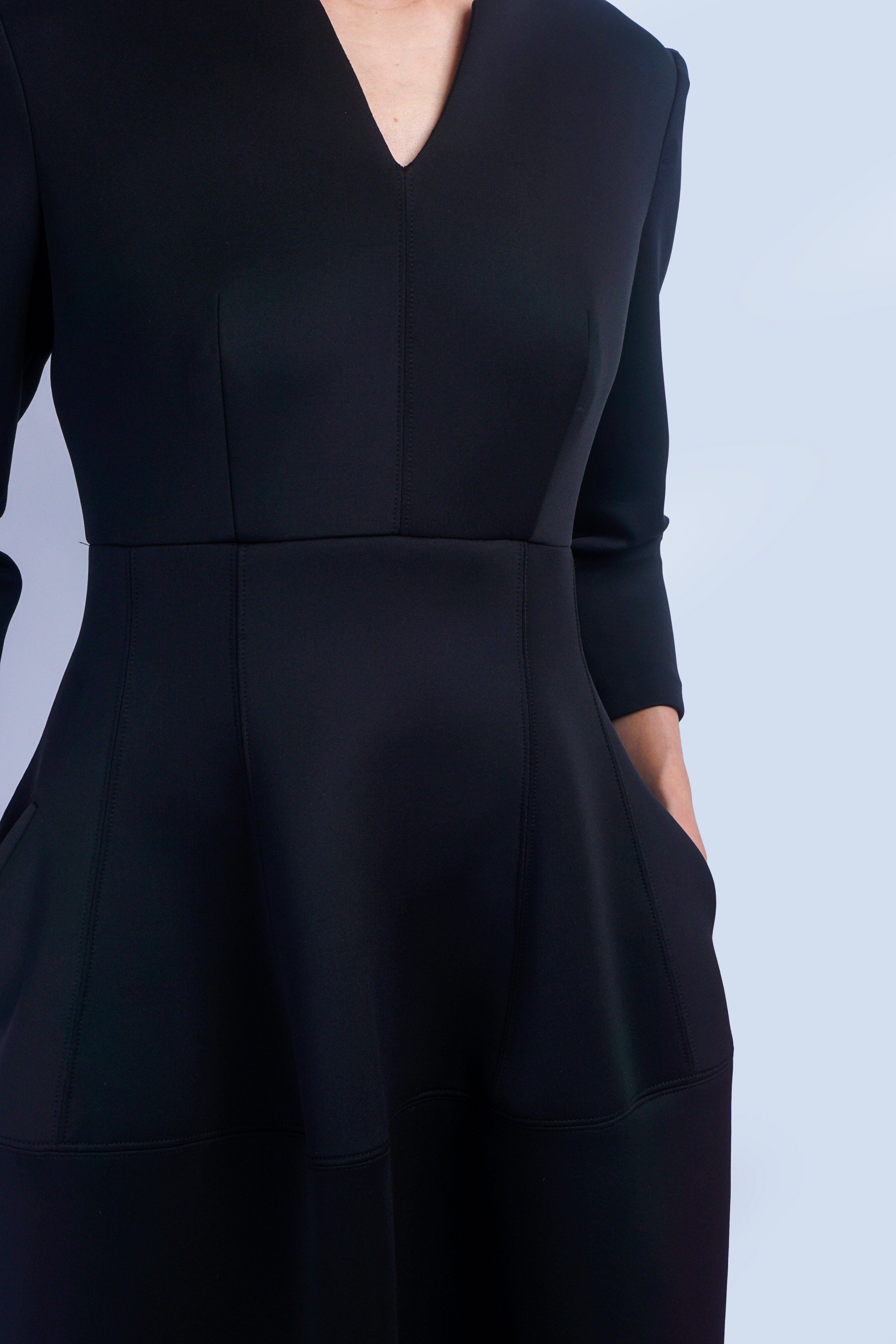 Chloe Dao DRESSES Black V Neck Neoprene Midi Dress