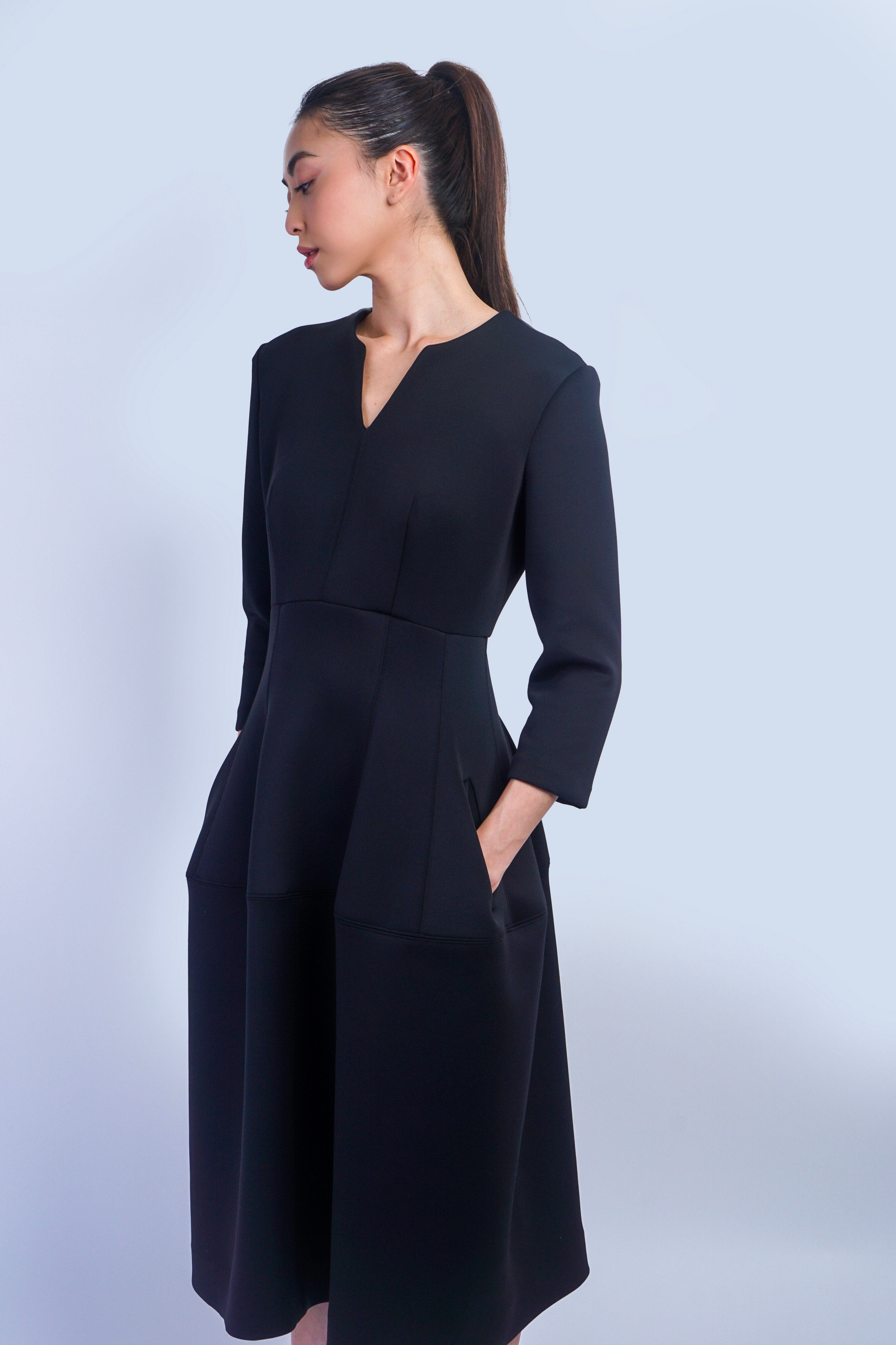 Chloe Dao DRESSES Black V Neck Neoprene Midi Dress