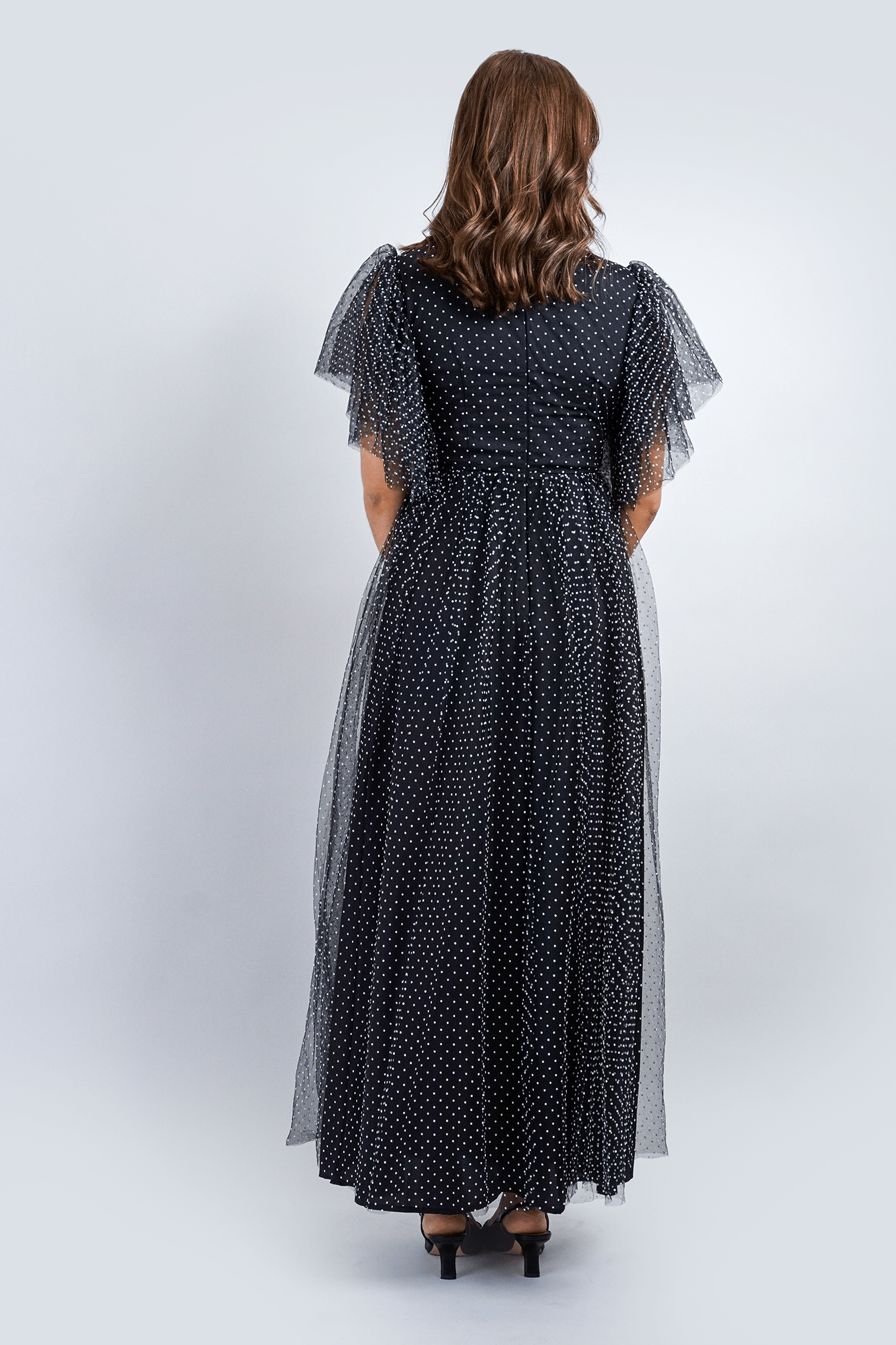 DCD Dresses Black White Polka Dot Tulle Maxi Dress